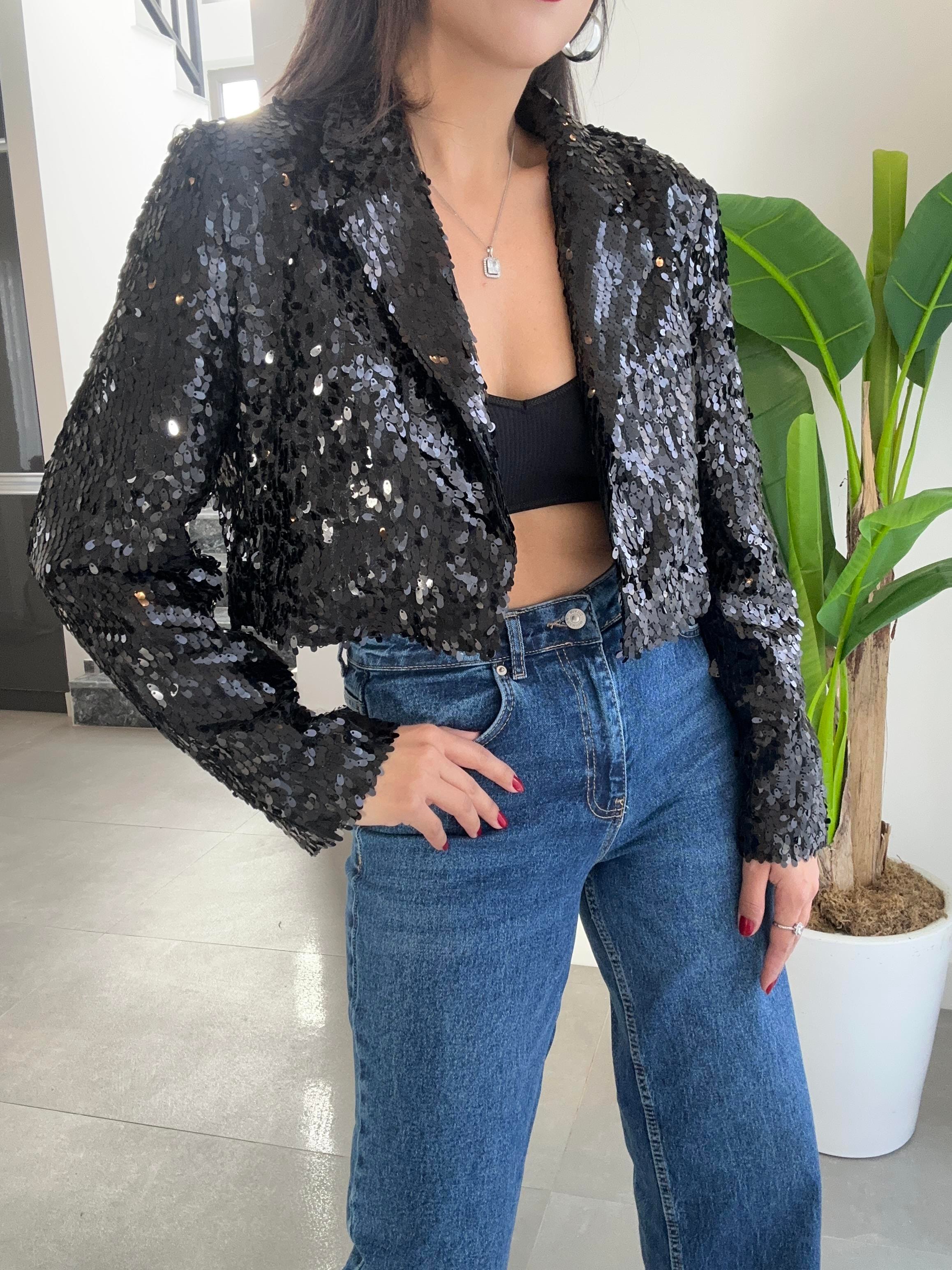 Siyah Payetli Kısa Blazer Ceket