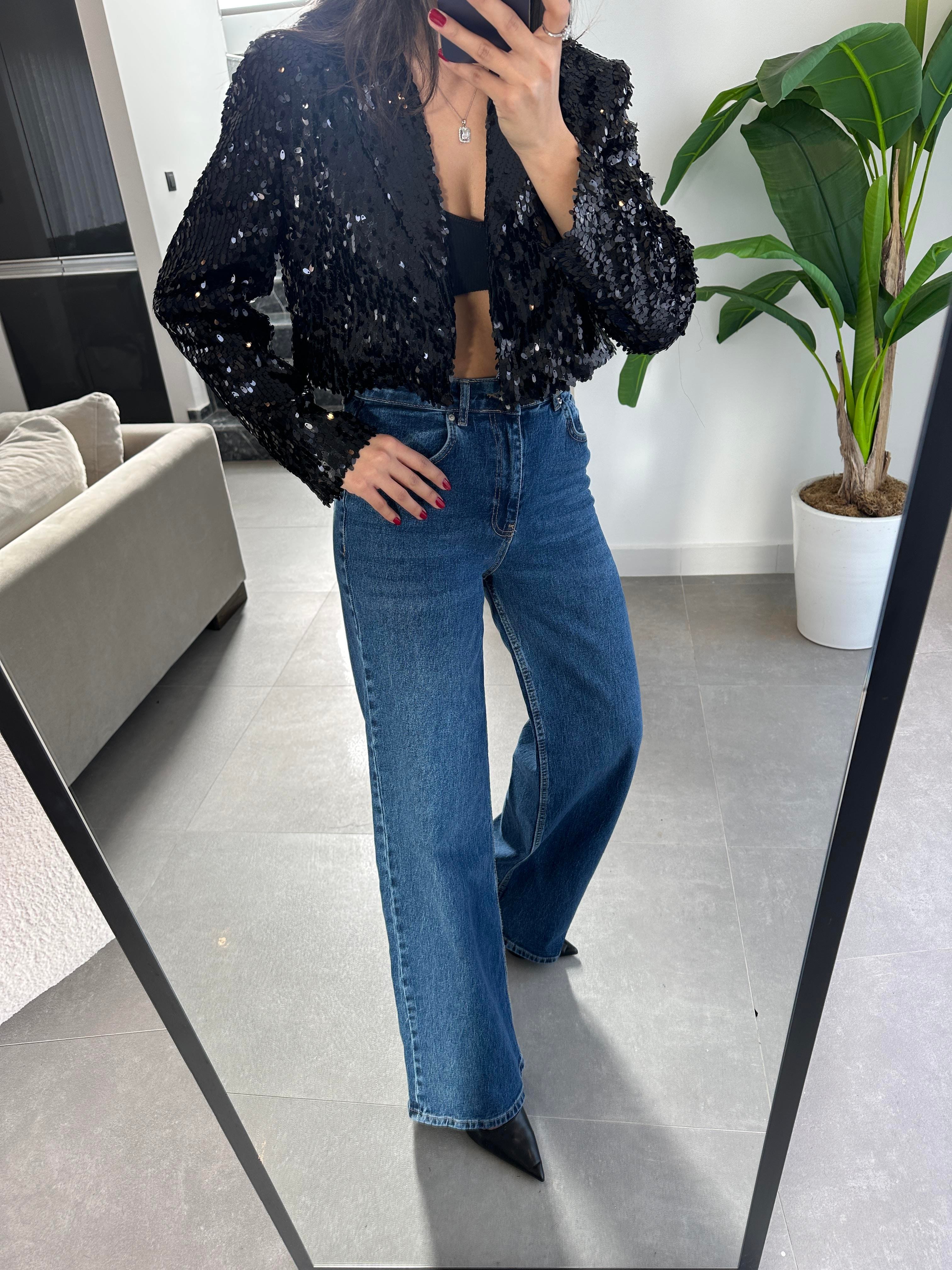 Siyah Payetli Kısa Blazer Ceket