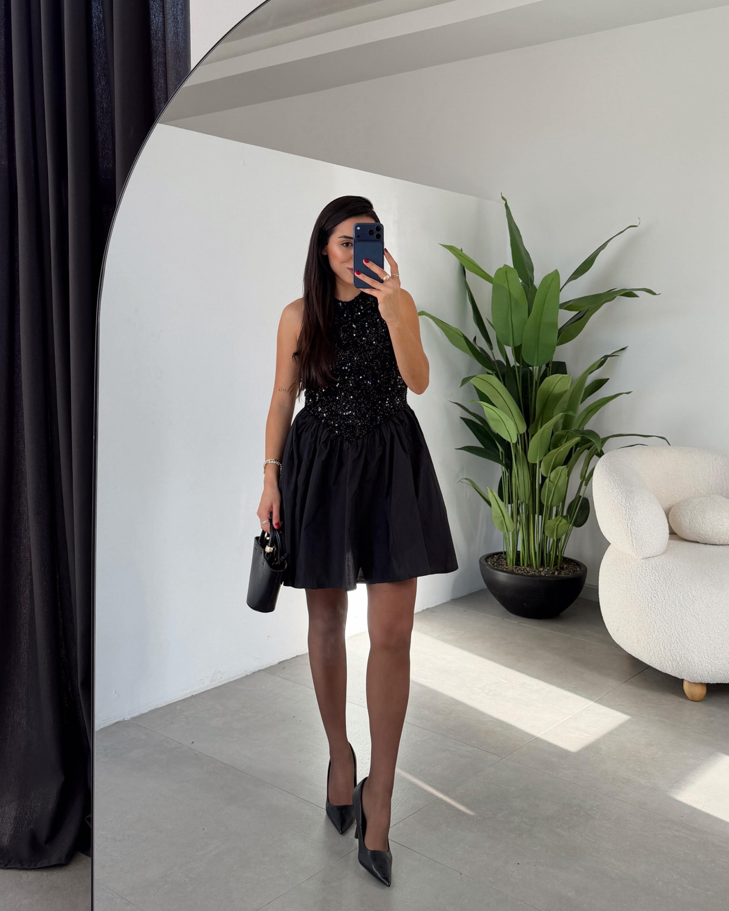 Siyah Payetli Mini Elbise