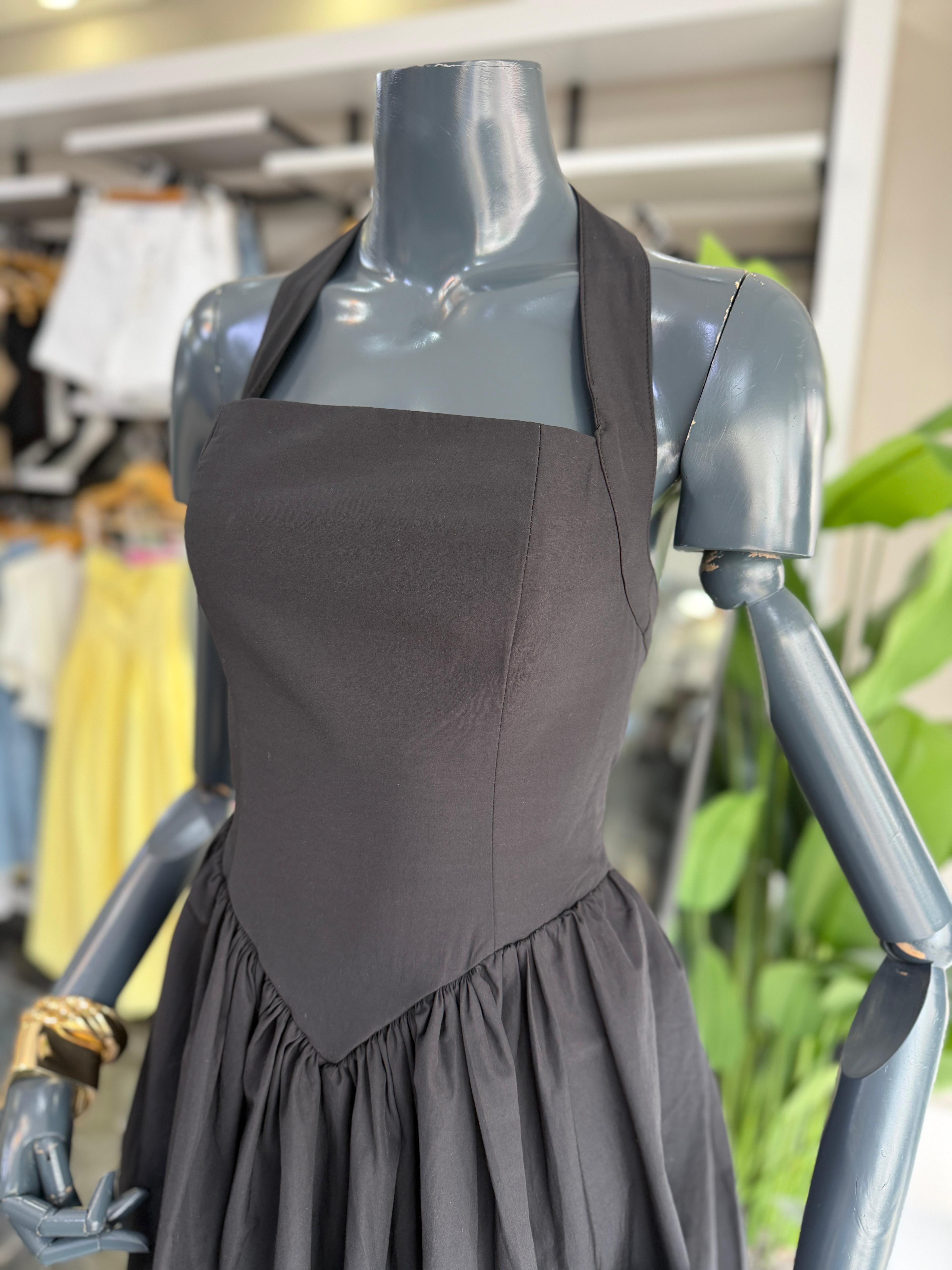 Siyah Poplin Kumaş Halter Yaka Elbise
