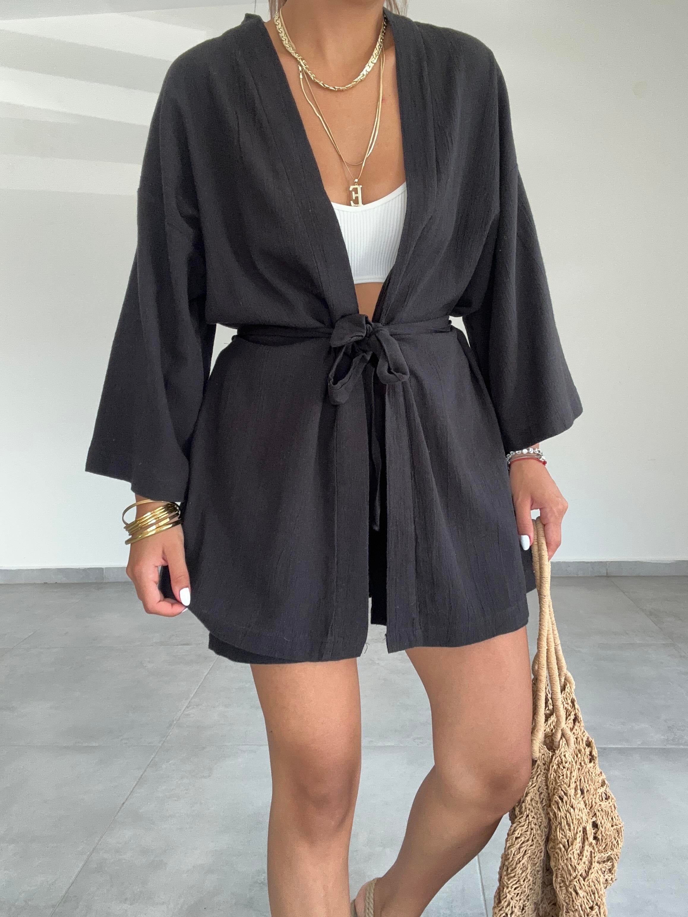 Siyah Şile Şortlu Kimono Takım