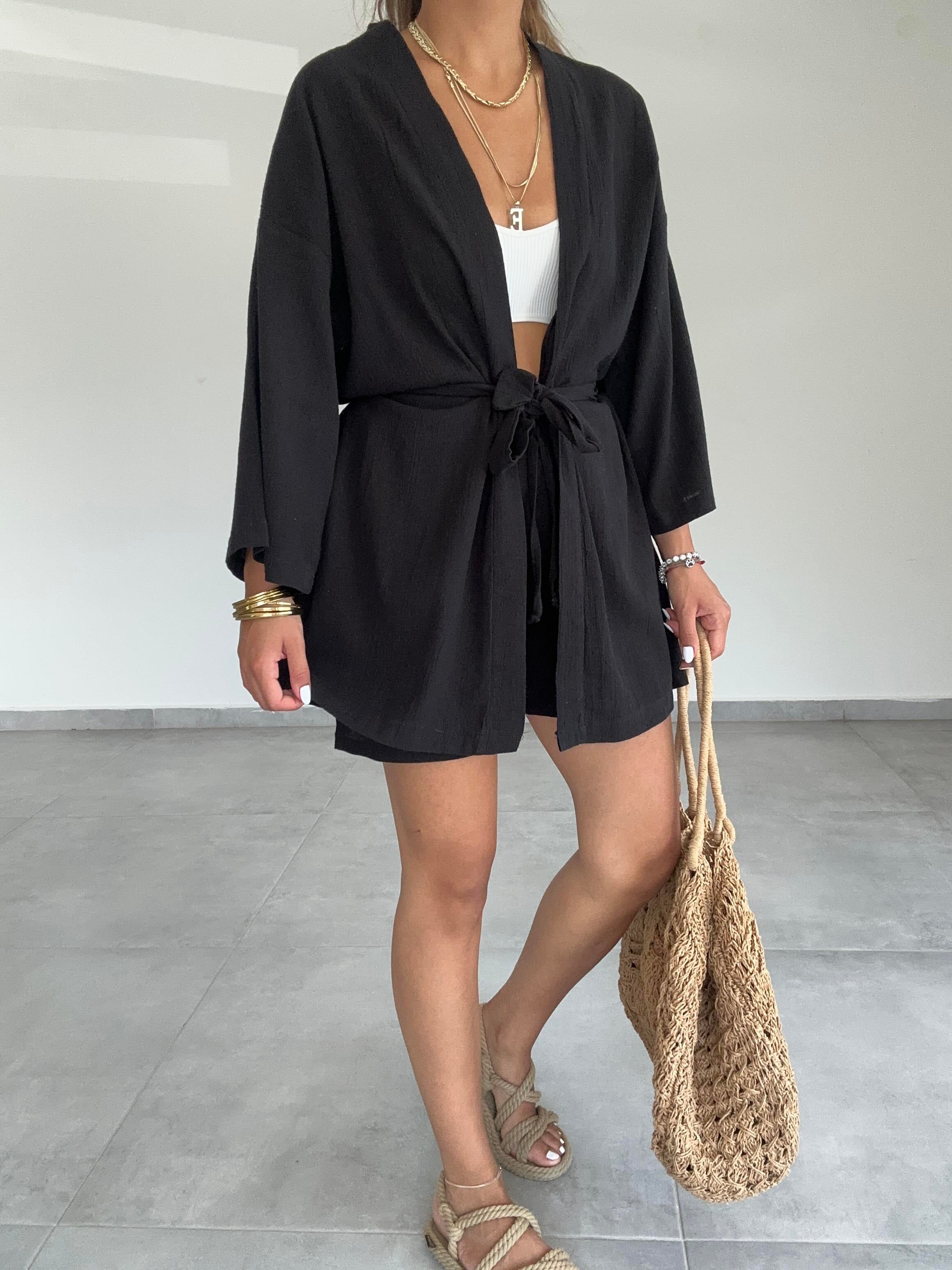 Siyah Şile Şortlu Kimono Takım