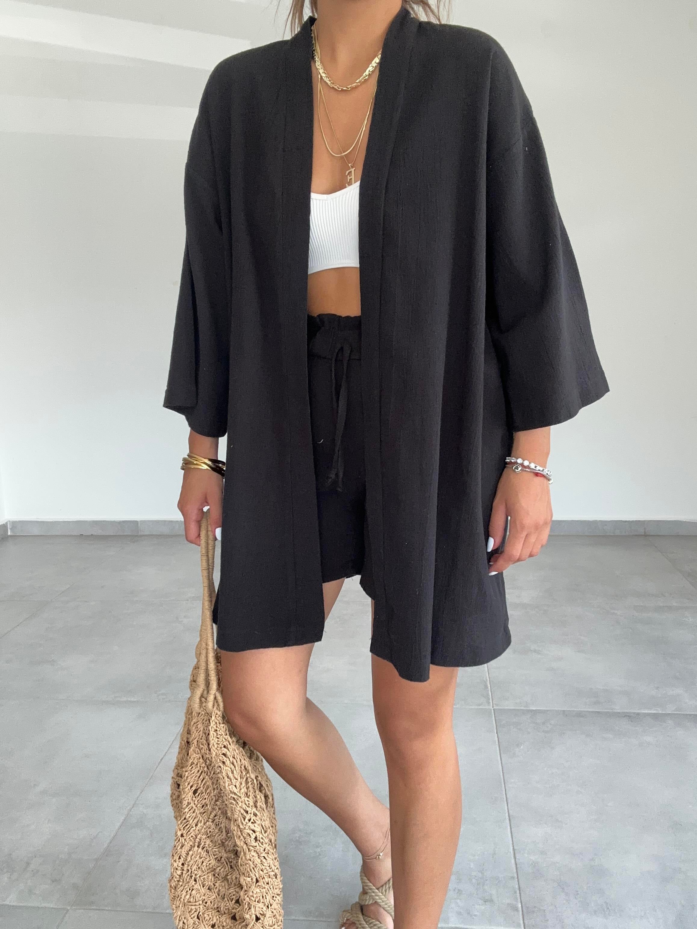 Siyah Şile Şortlu Kimono Takım