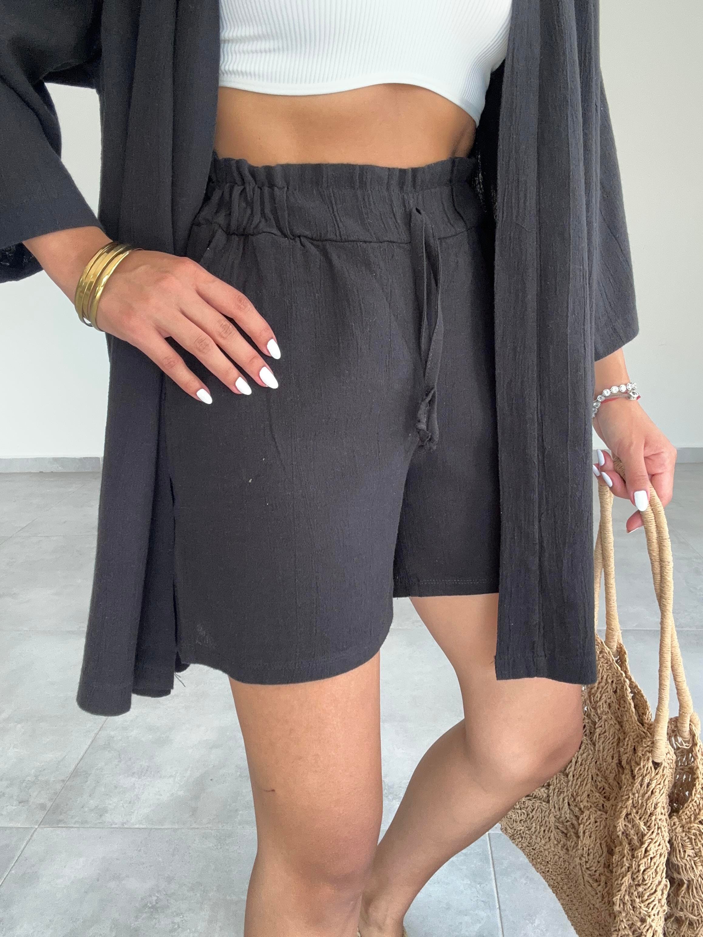 Siyah Şile Şortlu Kimono Takım