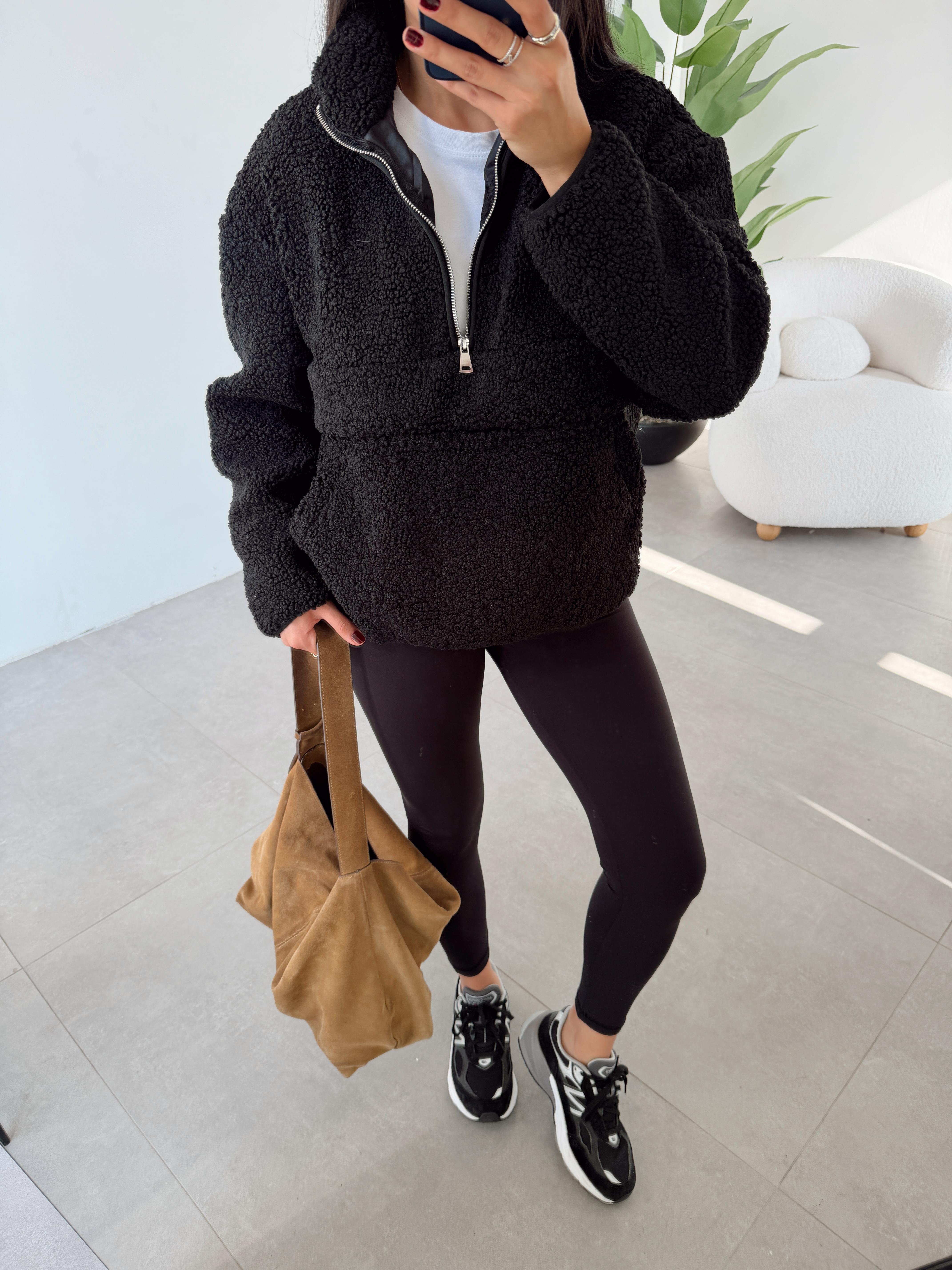 Siyah Teddy Fermuarlı Sweatshirt