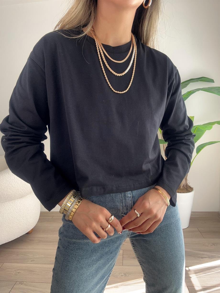 Siyah Uzun Kol Kısa Oversize Basic