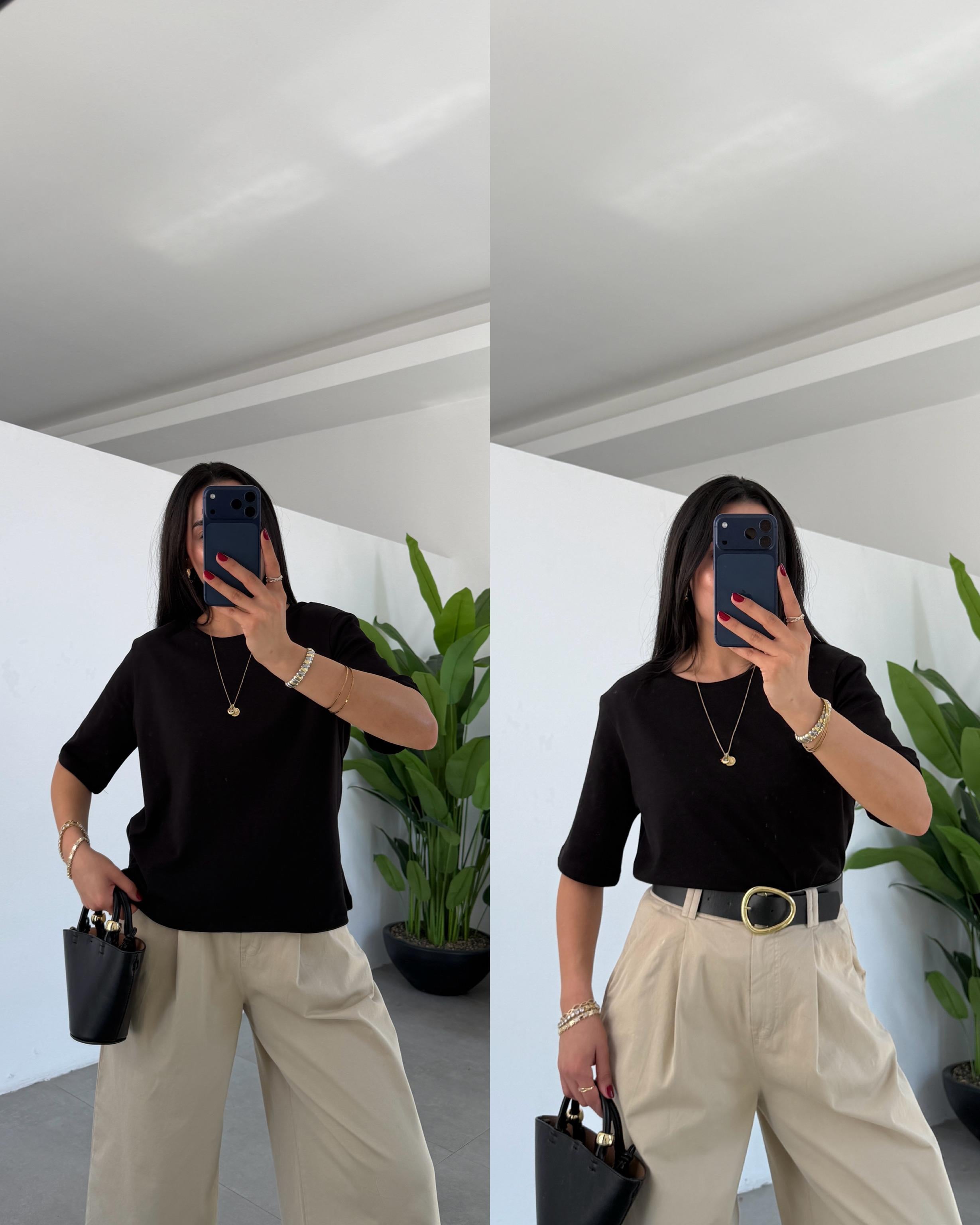 Siyah Vatkalı Basic Yaka Tshirt