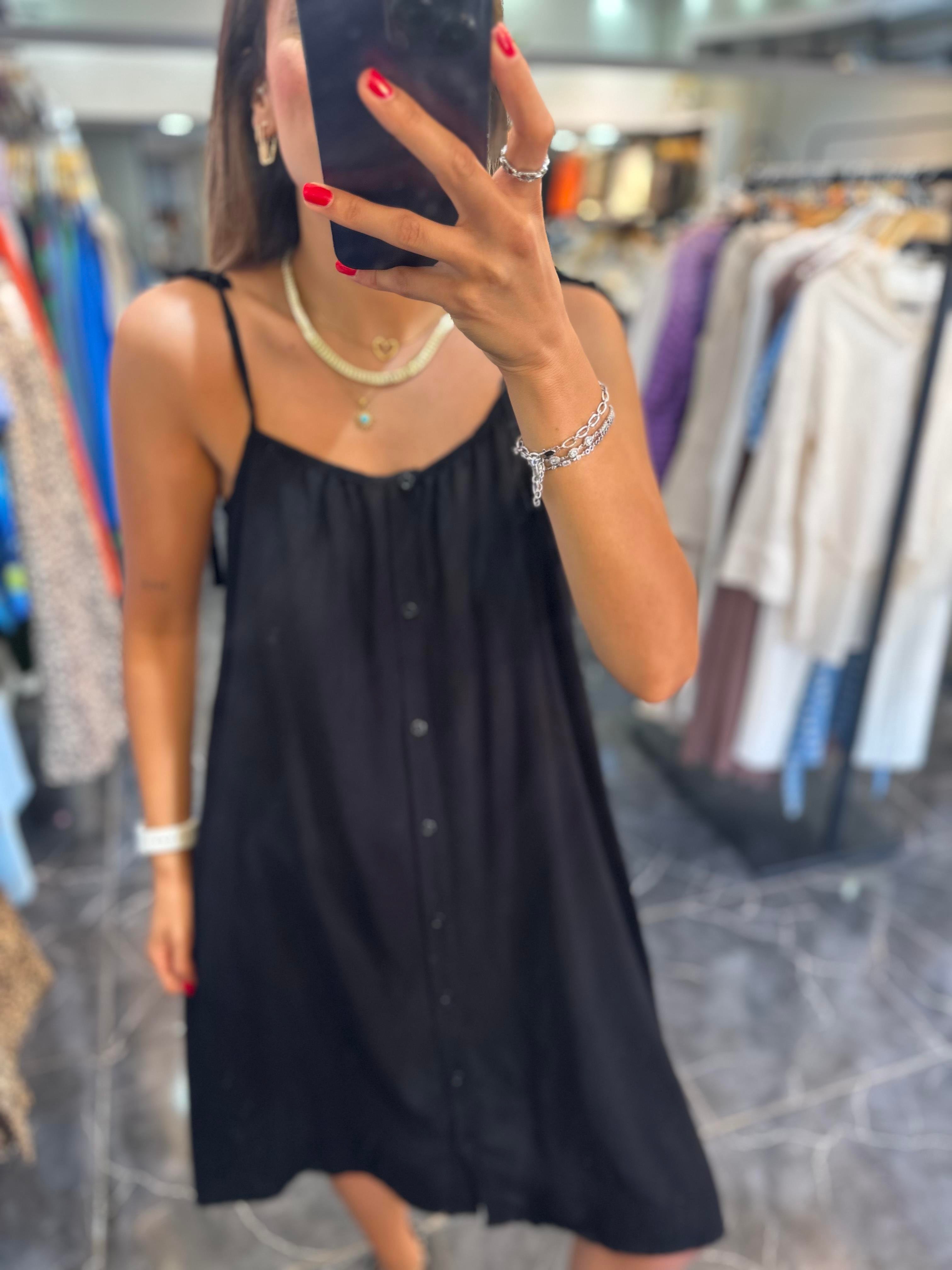 Siyah Viskon Askılı Mini Elbise