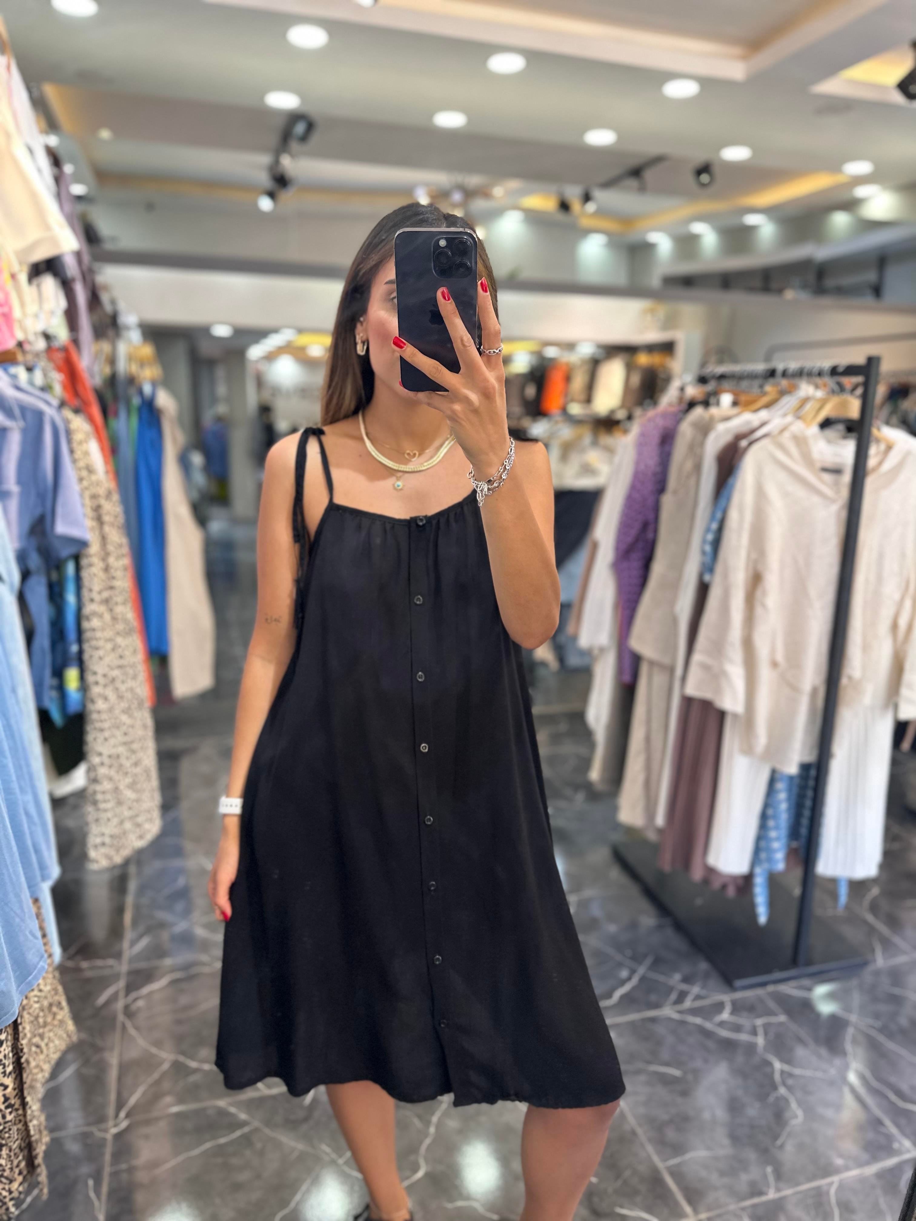 Siyah Viskon Askılı Mini Elbise