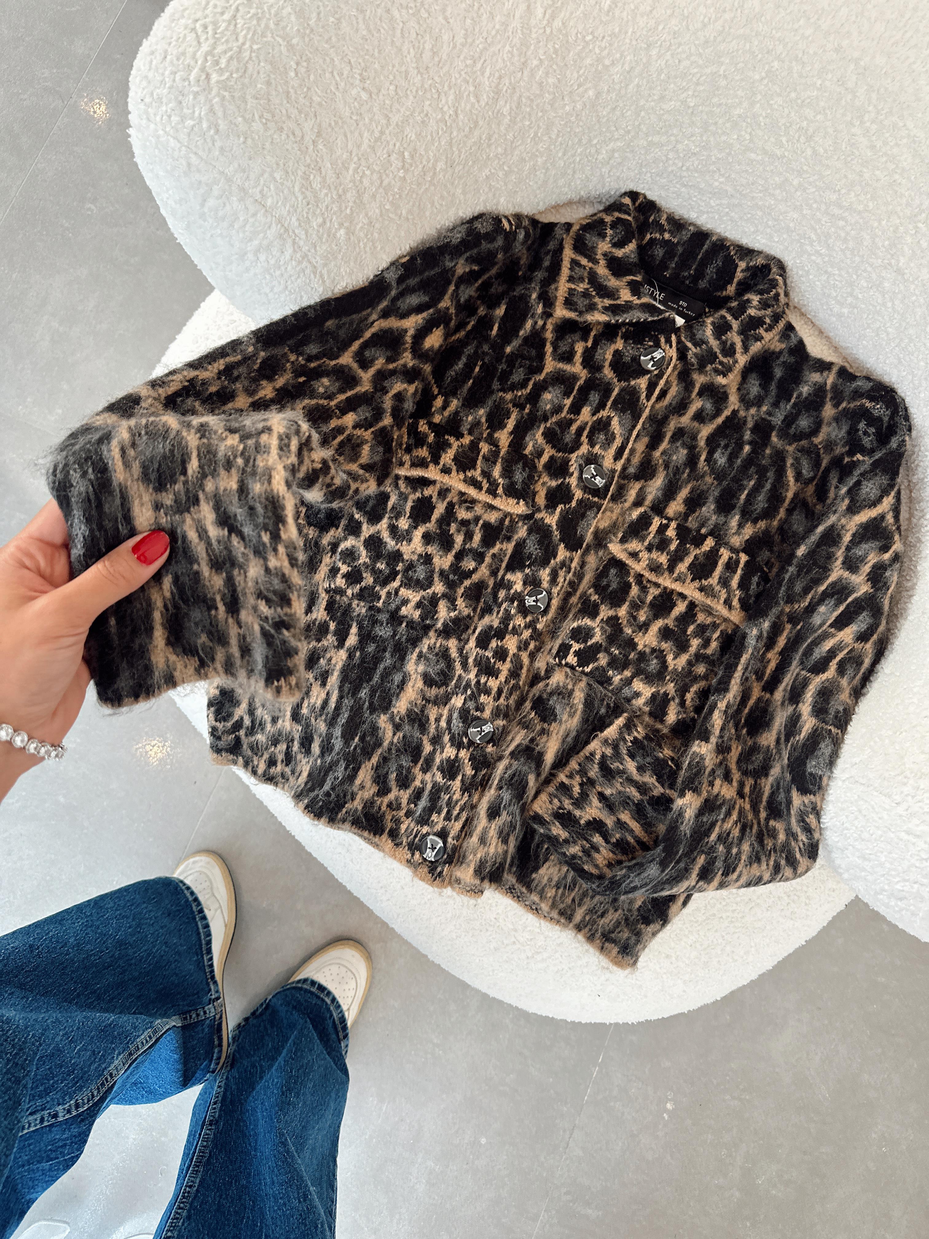 Siyah-Vizon Leopar Desen Jakarlı Hırka