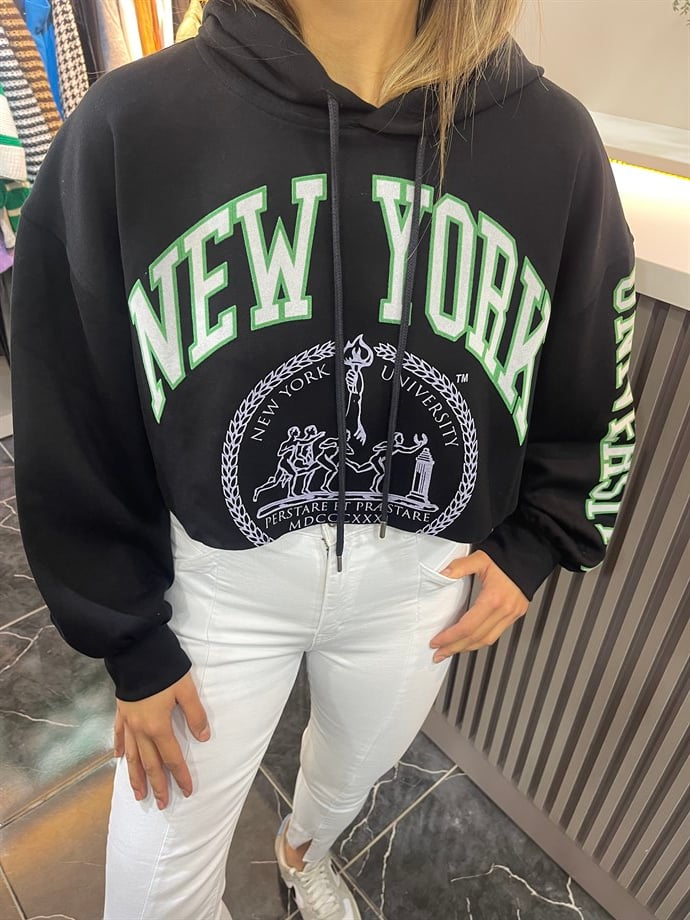 Siyah Yazılı Kapşonlu Sweat