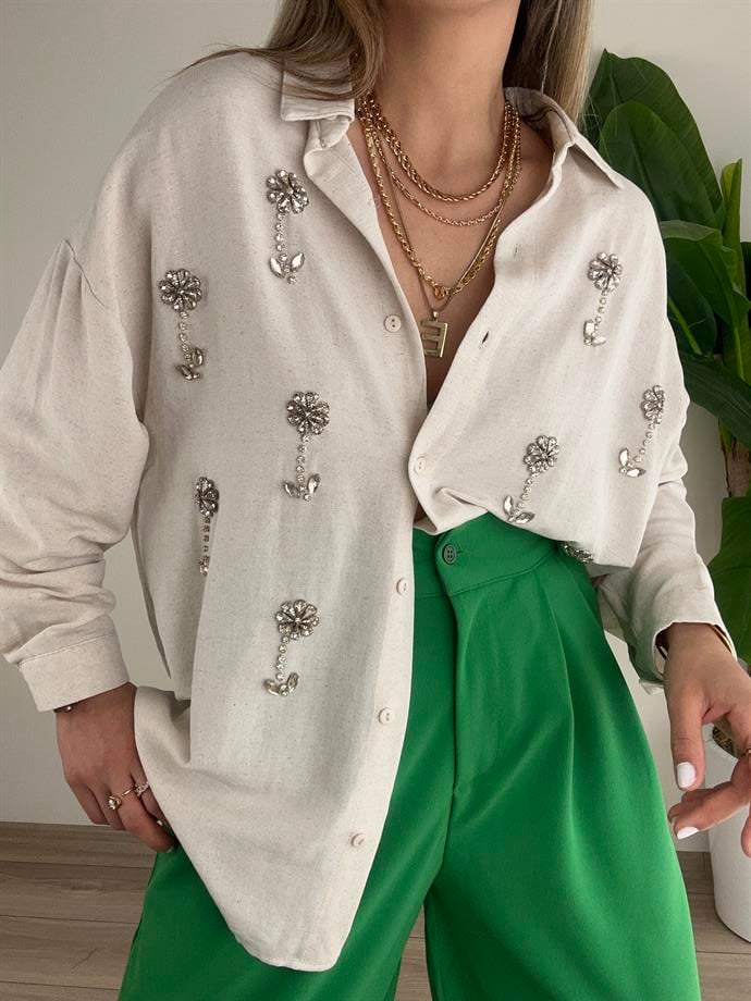 Taş İşlemeli Bej  Gömlek