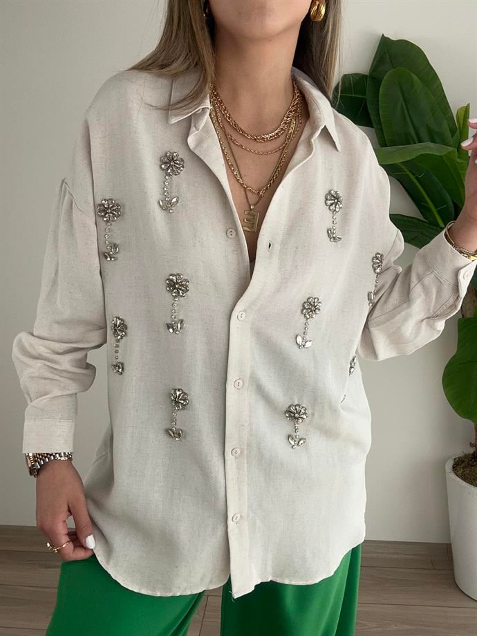 Taş İşlemeli Bej  Gömlek