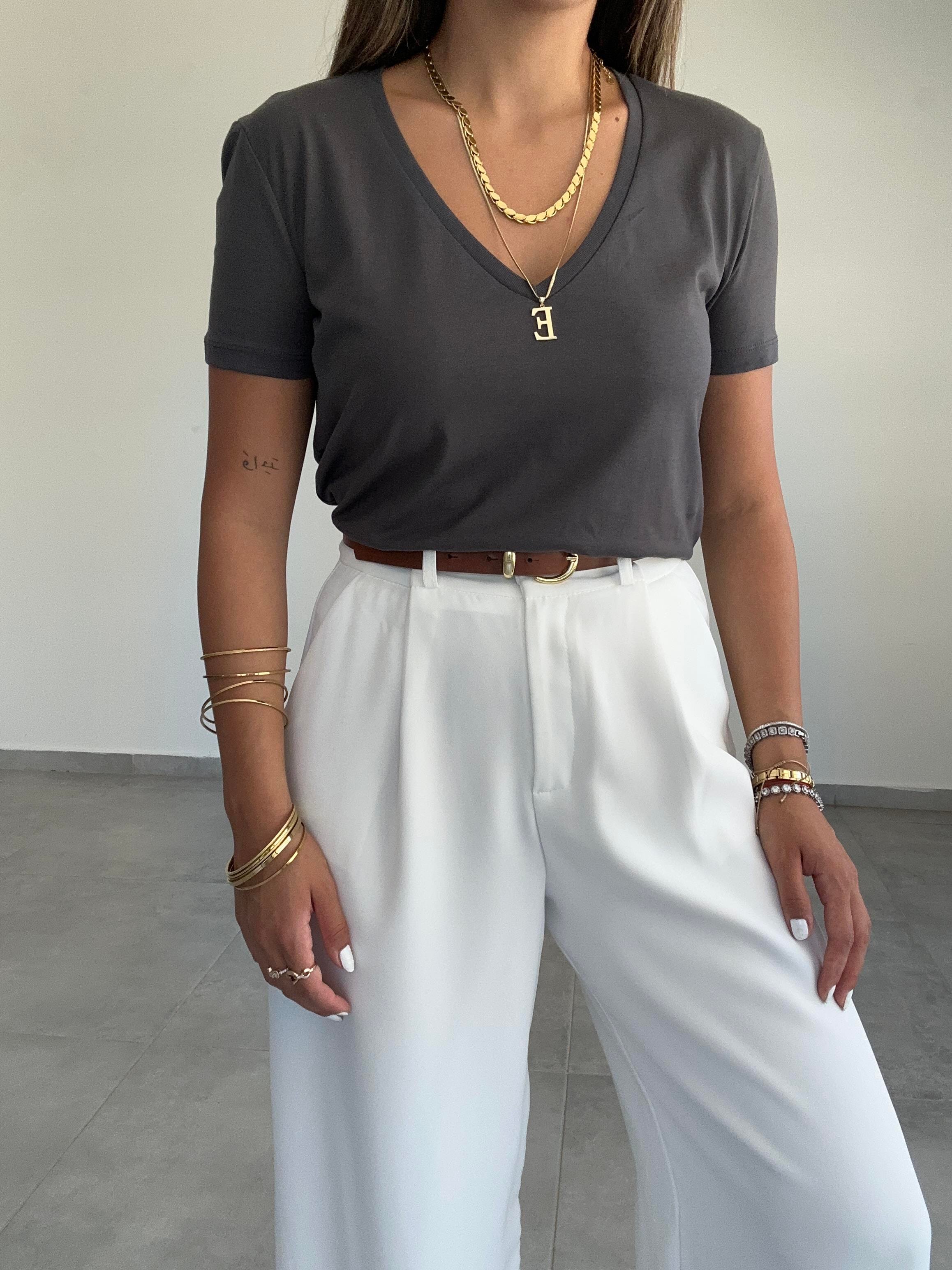 V Yaka Basic Antrasit Tişört