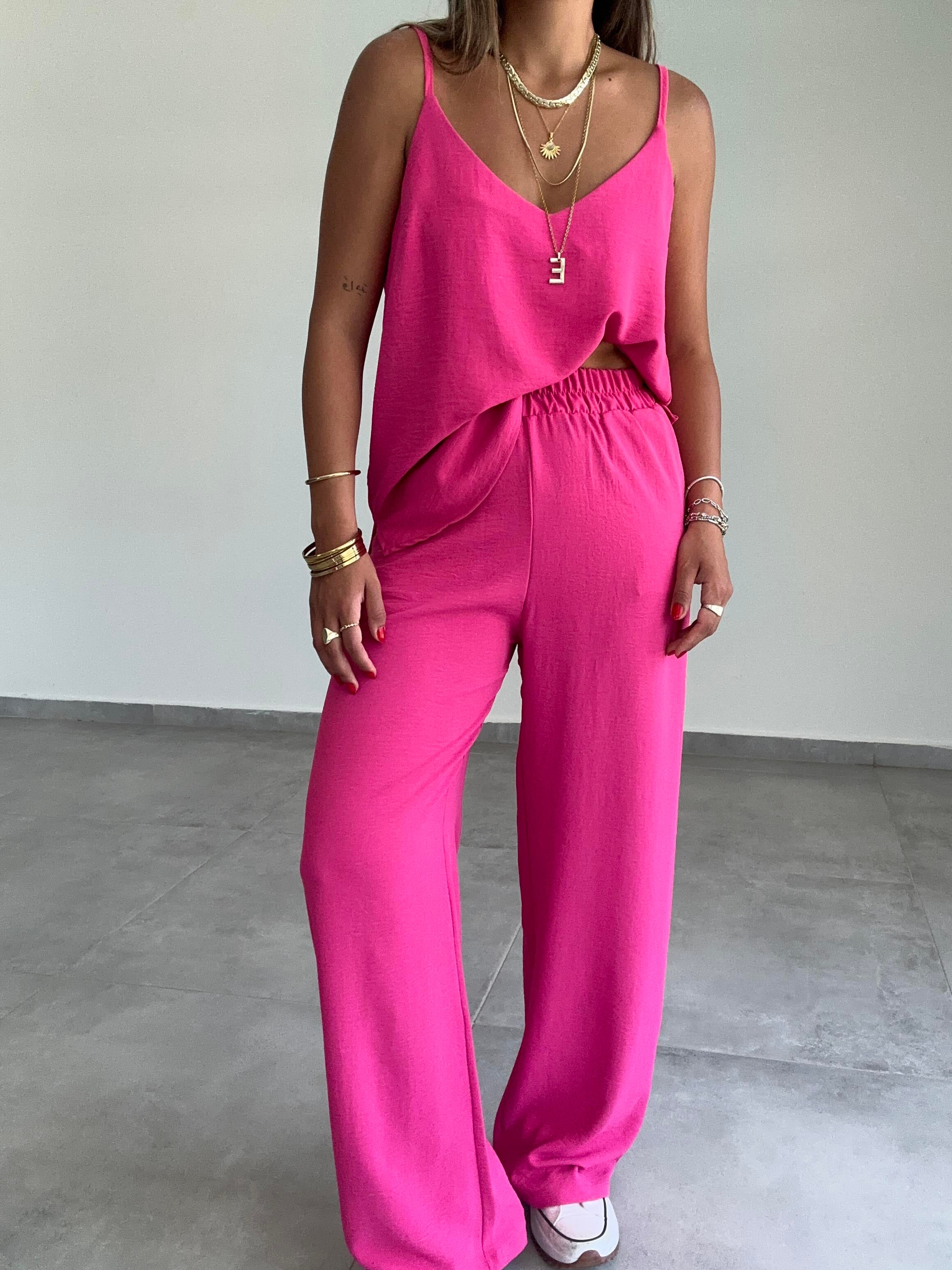 Vina Fuşya Ayrobin İp Askılı Bol Paça Takım