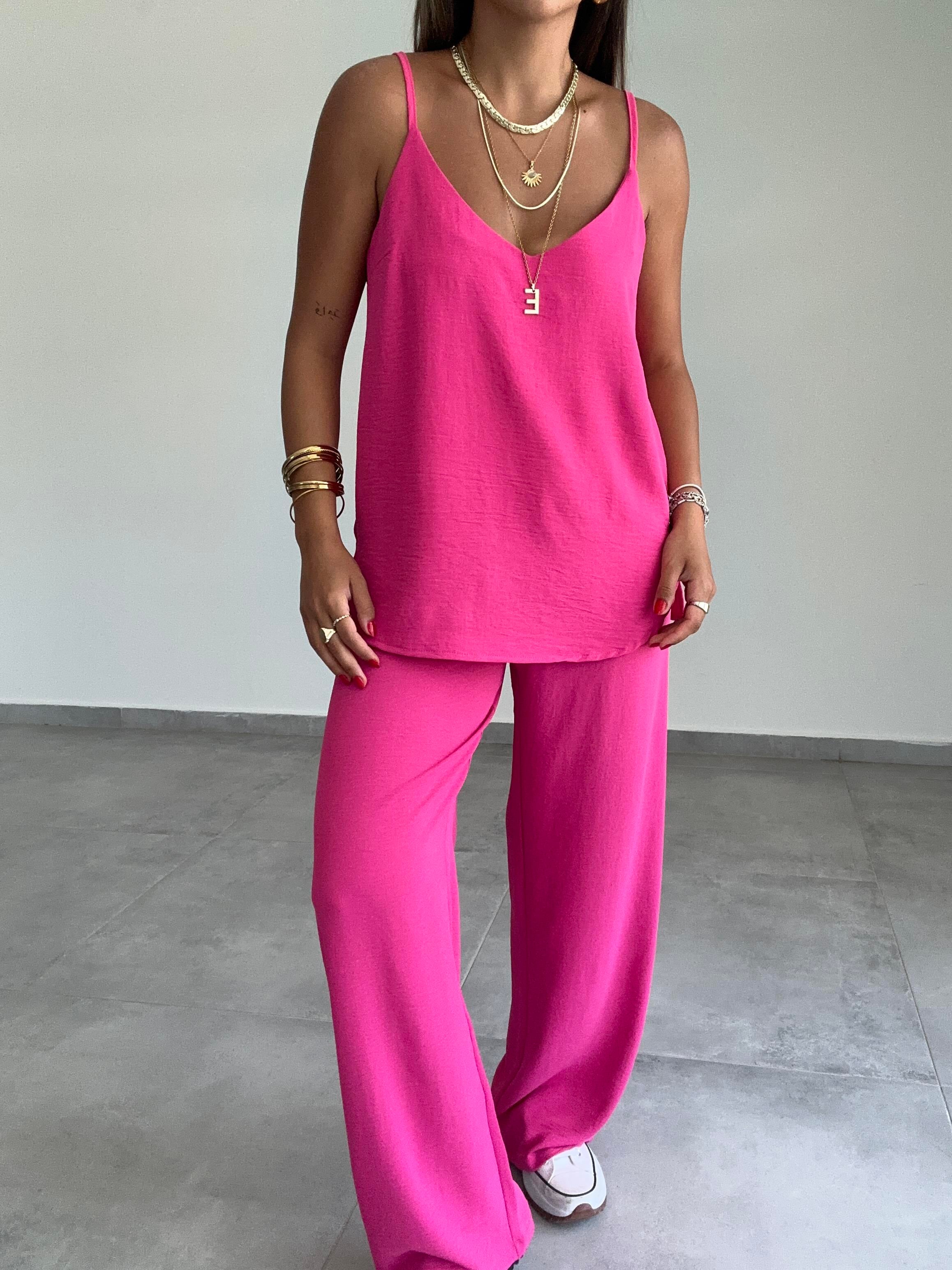 Vina Fuşya Ayrobin İp Askılı Bol Paça Takım