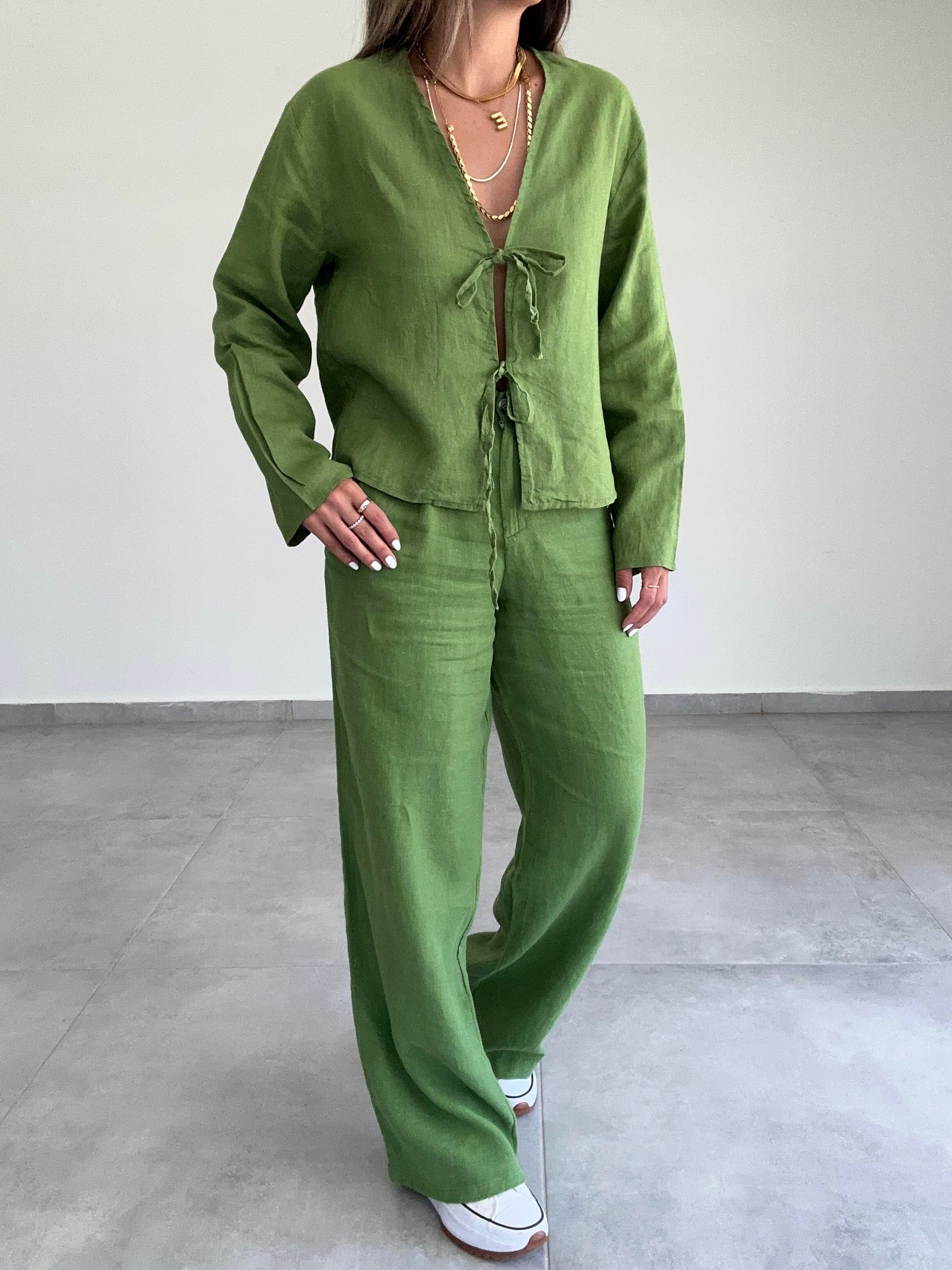 Yeşil Keten Bağlamalı Bluz