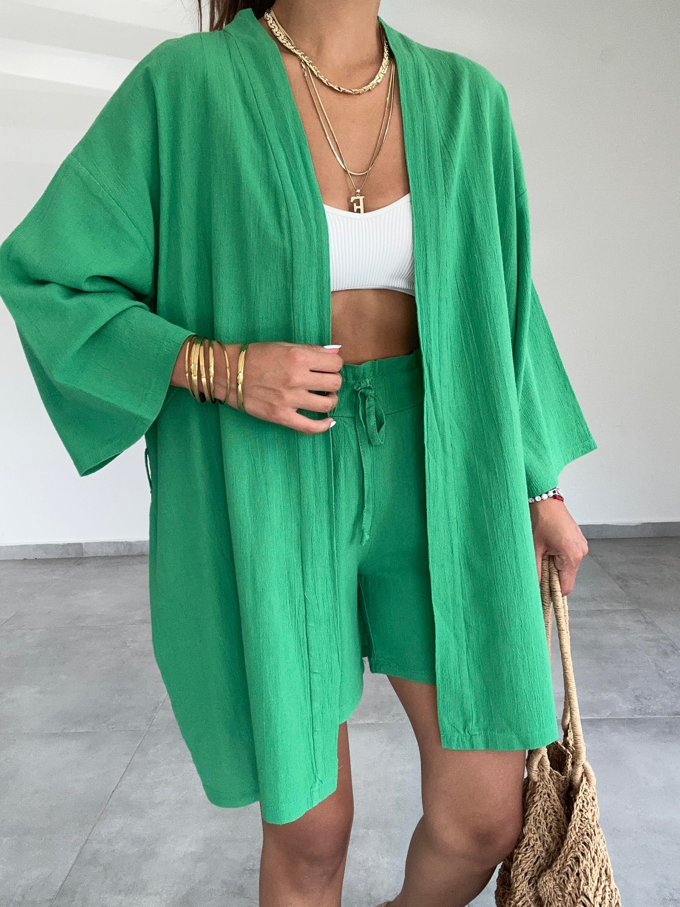 Yeşil Şile Şortlu Kimono Takım