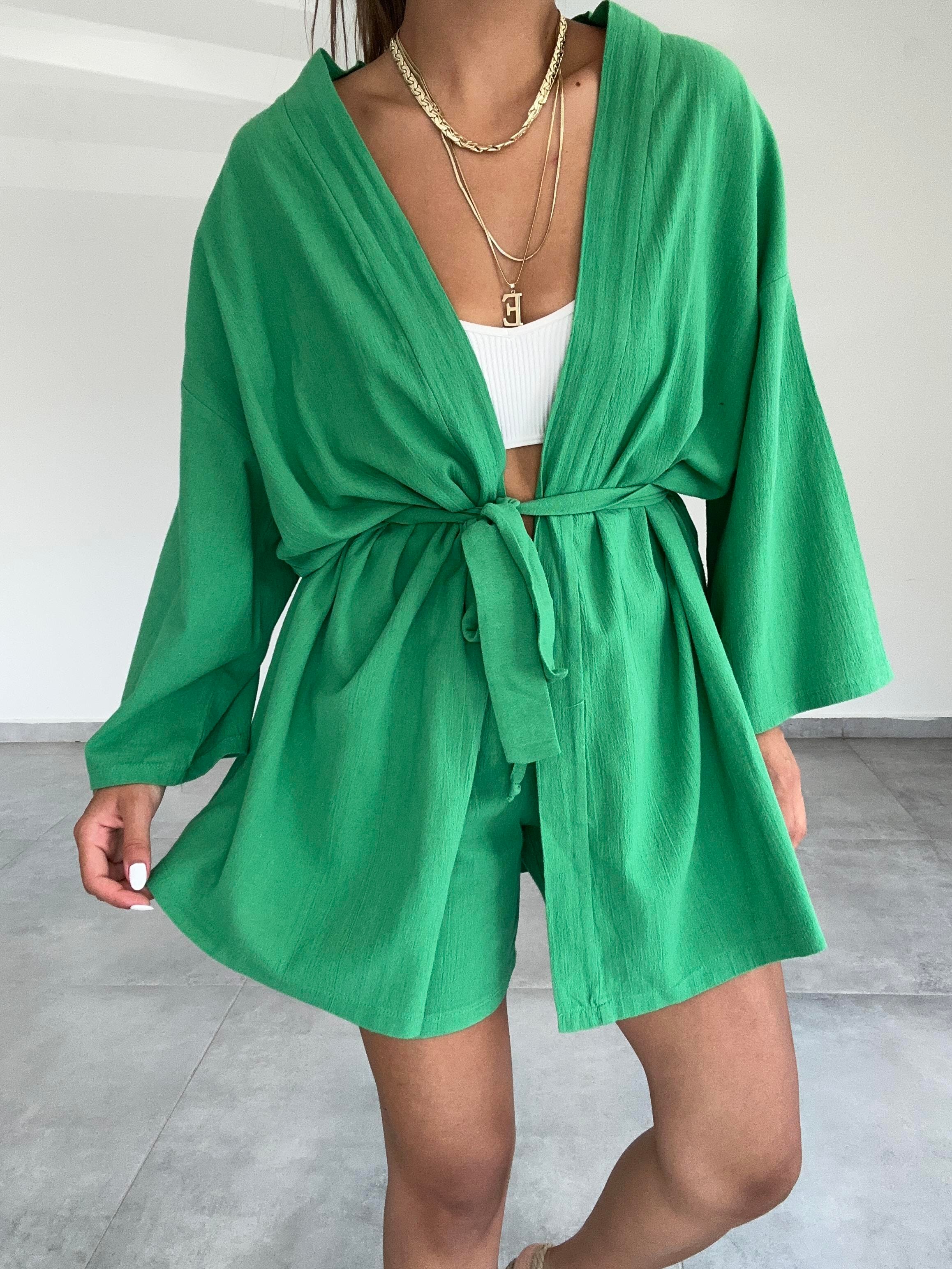 Yeşil Şile Şortlu Kimono Takım