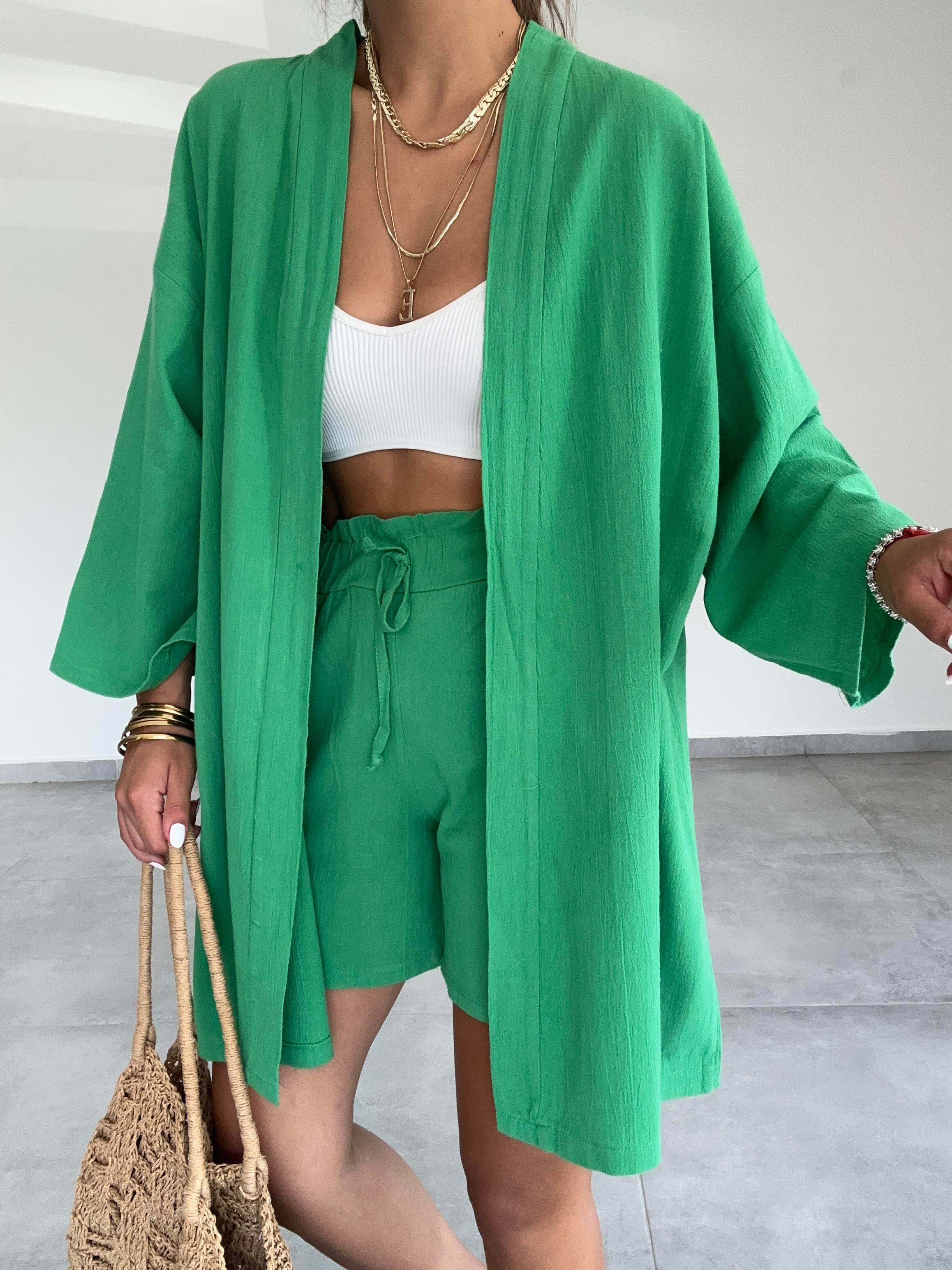 Yeşil Şile Şortlu Kimono Takım
