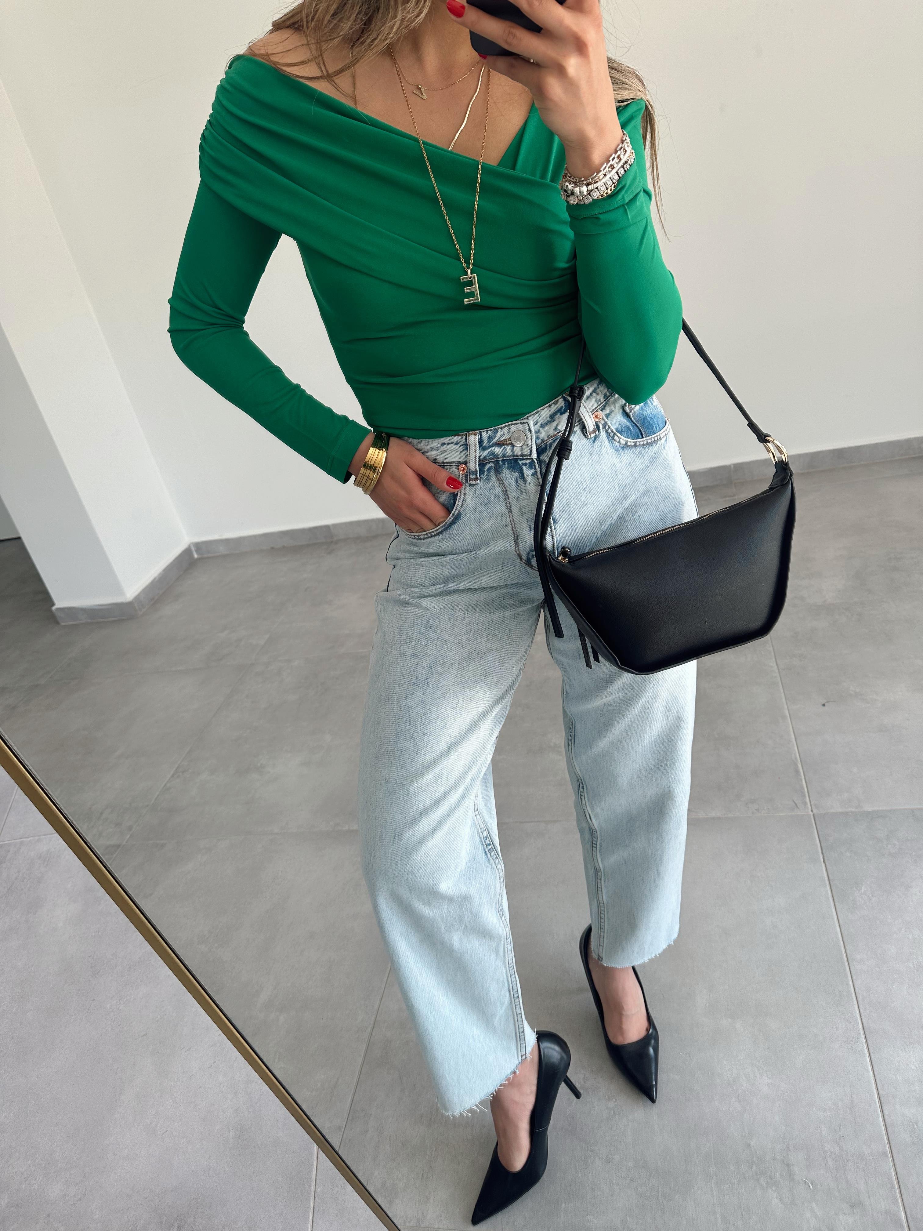 Yeşil V Yaka Drapeli Bluz