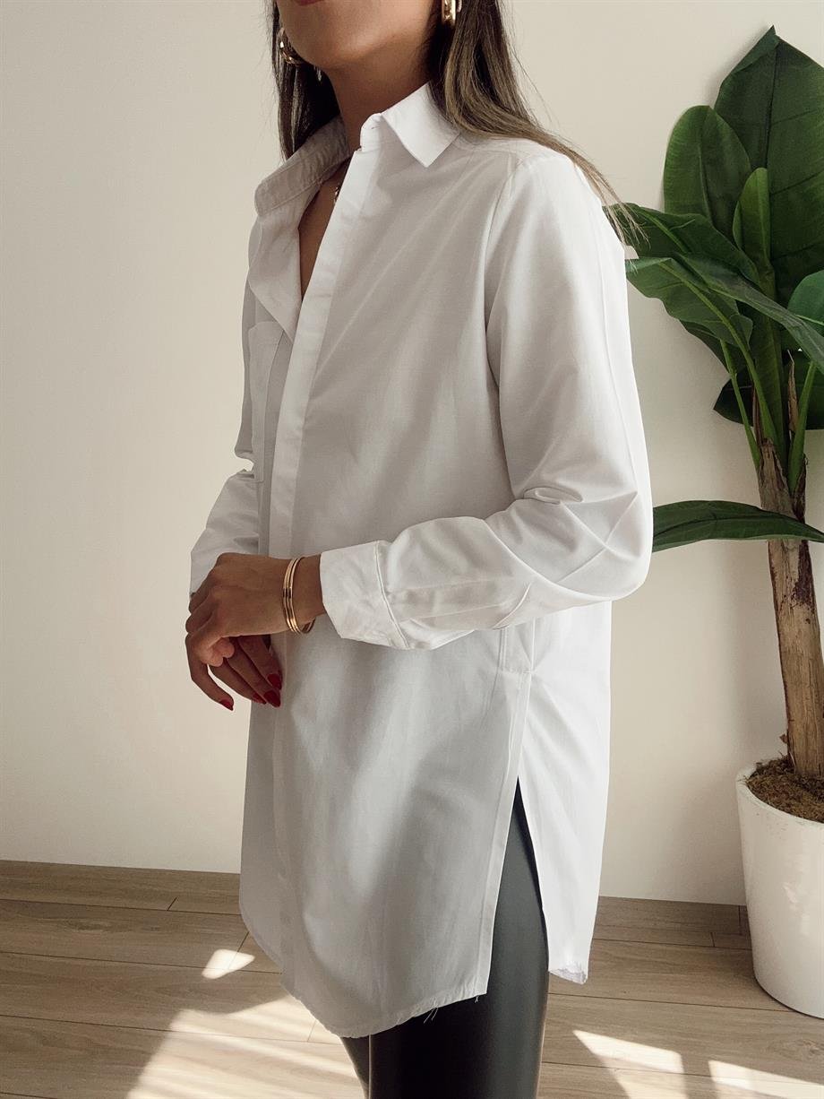 Yırtmaçlı Beyaz Basic Gömlek