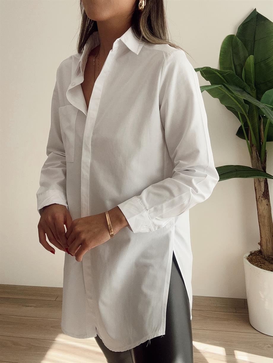 Yırtmaçlı Beyaz Basic Gömlek