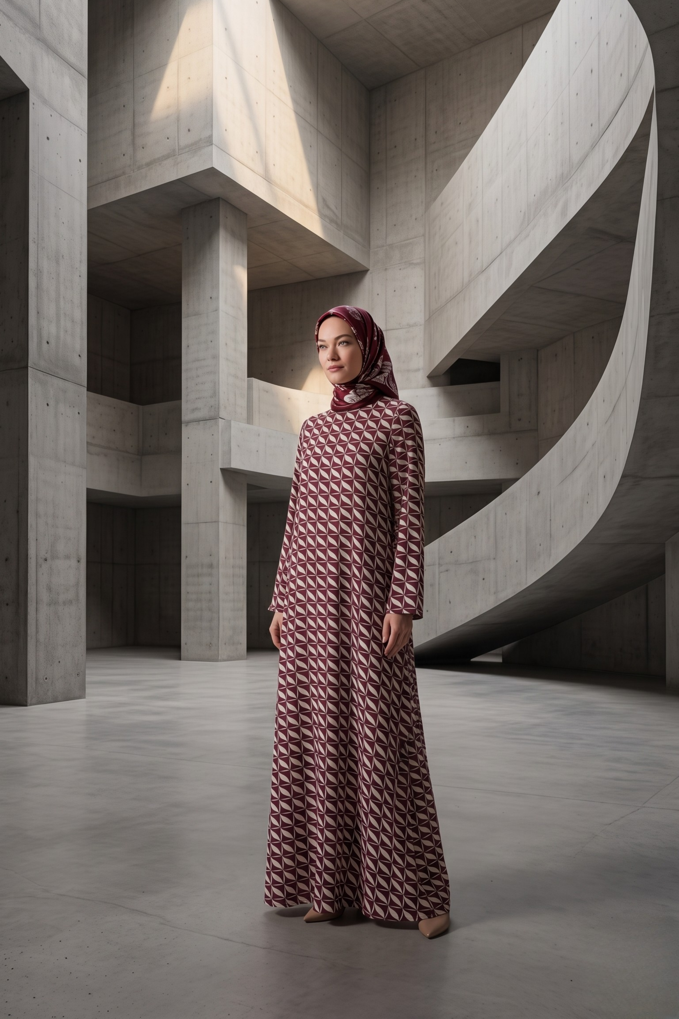 Alia Geometrik Desenli Bordo Elbise