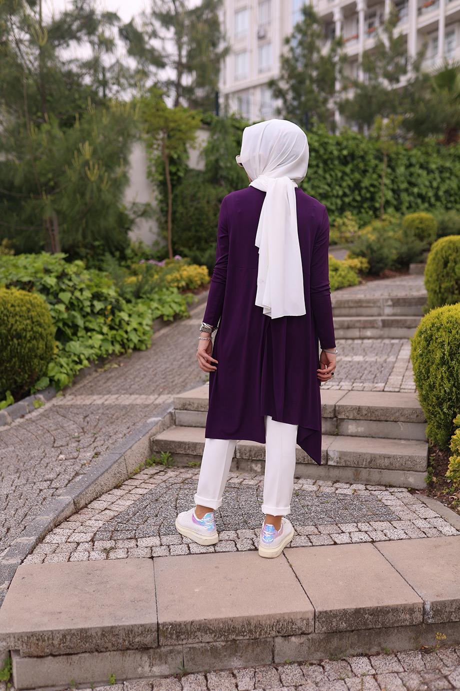Asimetrik Arkası Çapraz Makas Que Mürdüm Lazer Tesettür Tunik