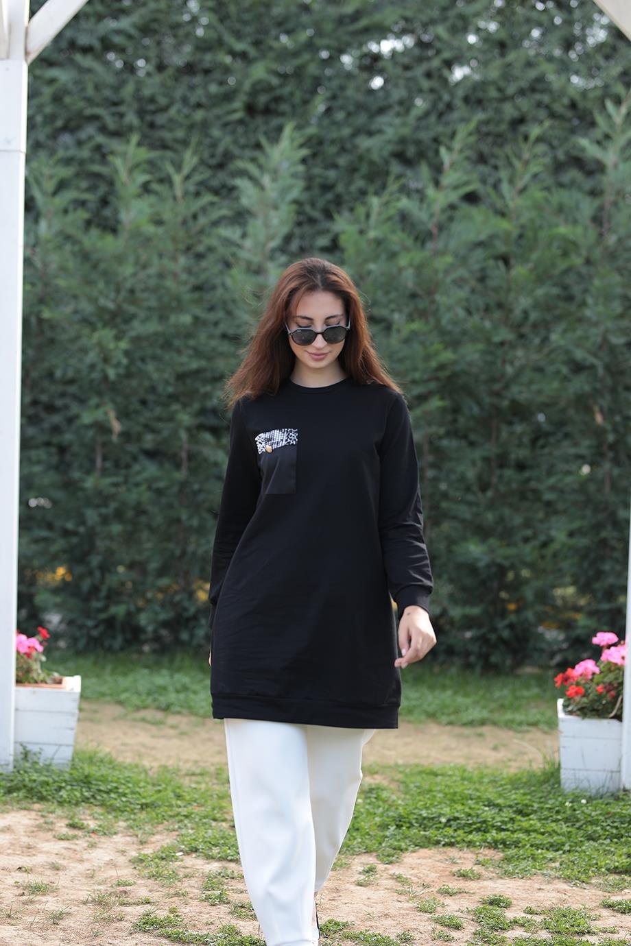 Cepli İki İplik Siyah Sweat