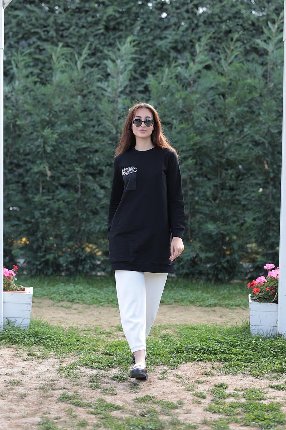 Cepli İki İplik Siyah Sweat