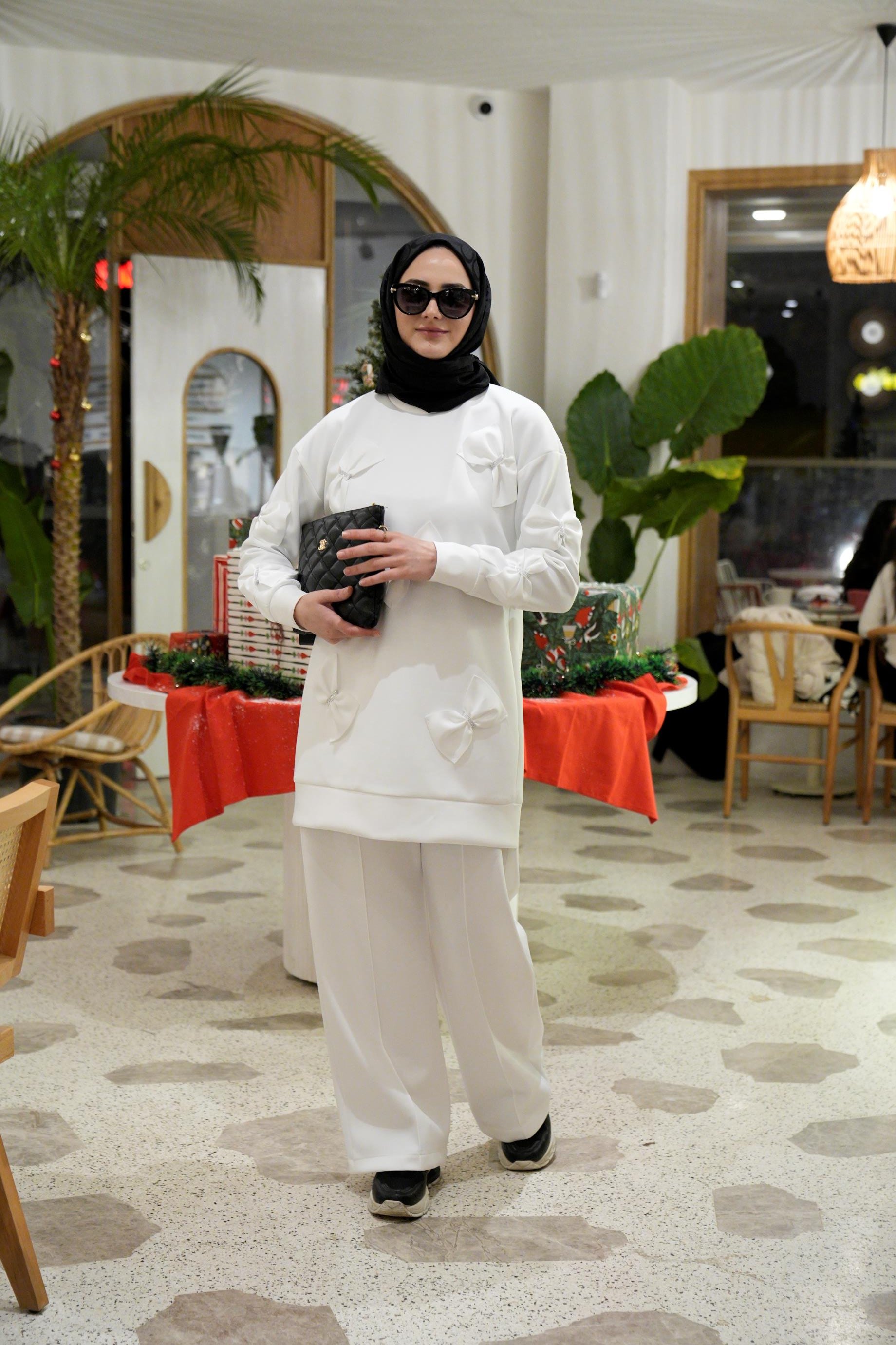 Fiyonklu Scuba Tunik Pantolon Beyaz Takım