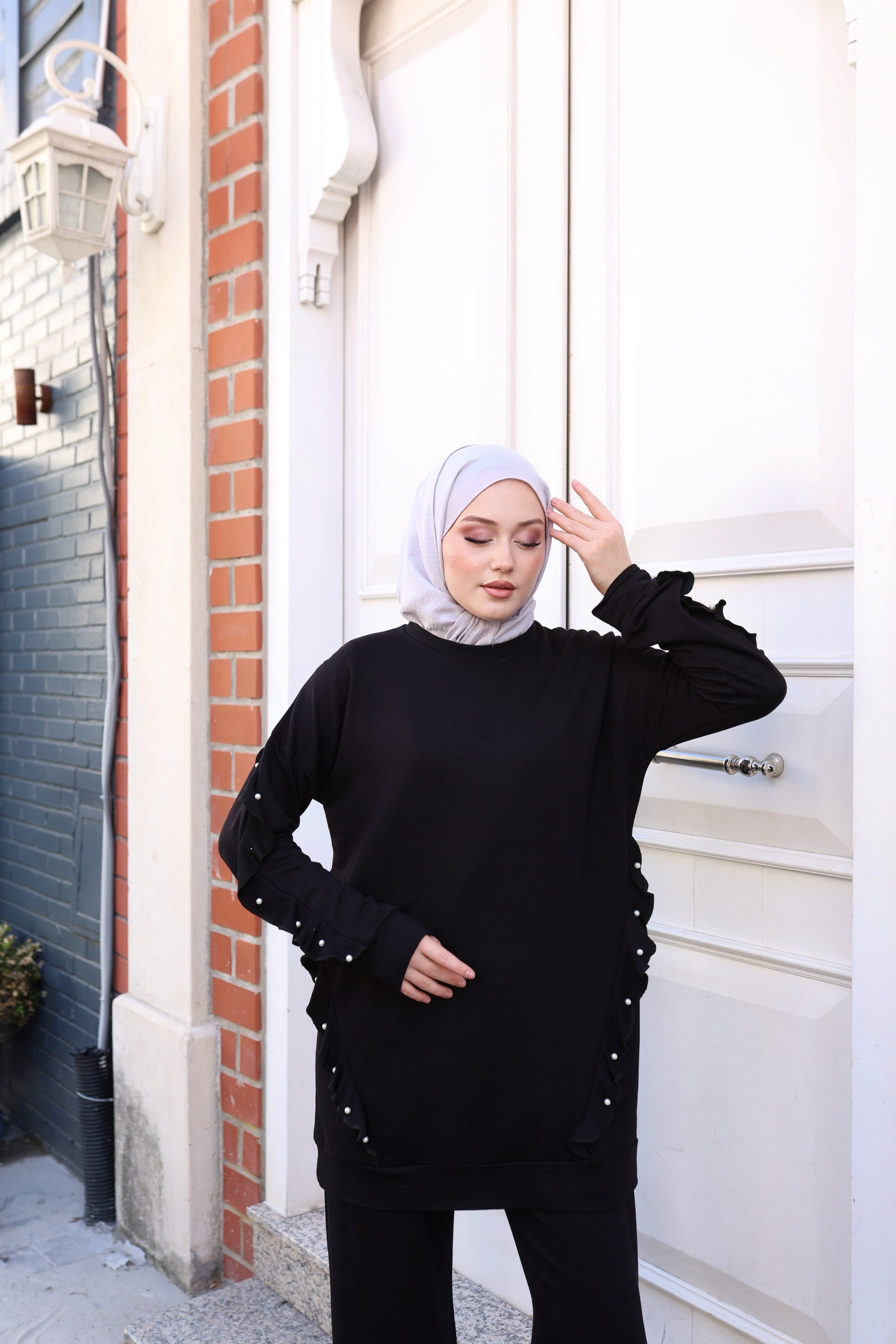 İnci ve Fırfır Detaylı Rahat Bambu İki İplik İkili Takım Ruffle
