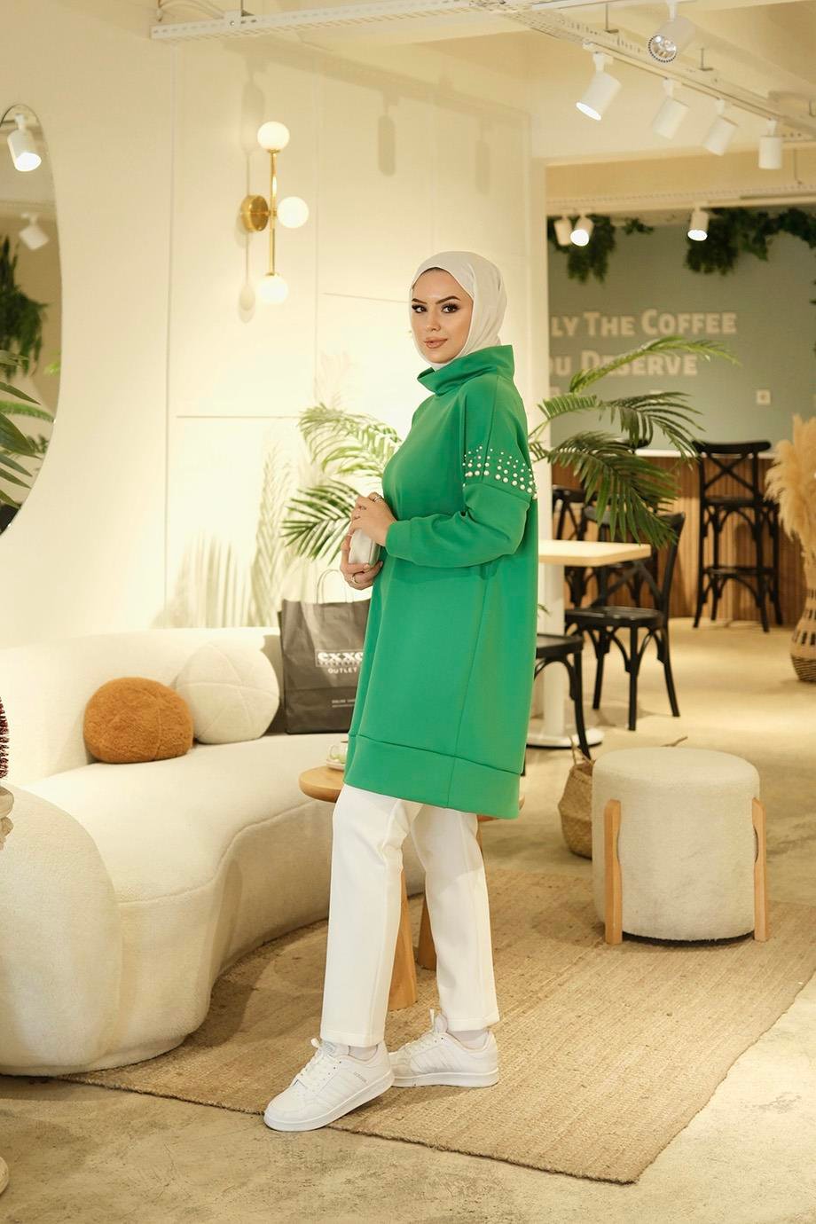 İncili Düşük Kol Benetton Yeşil Scuba Sweat