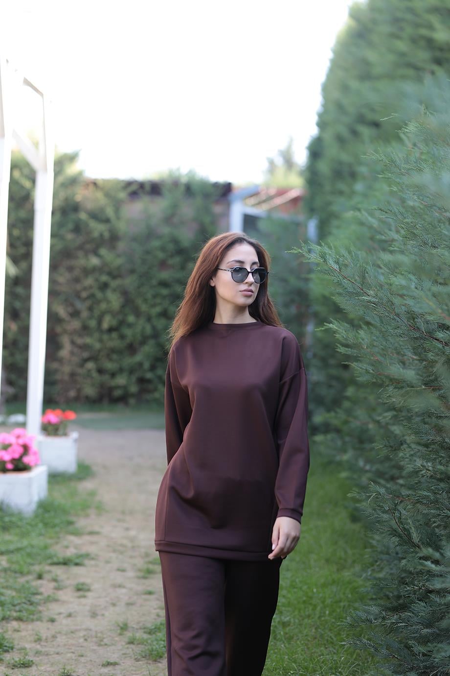 Rahat Scuba Tunik Pantolon Çikolata Kahve İkili Takım