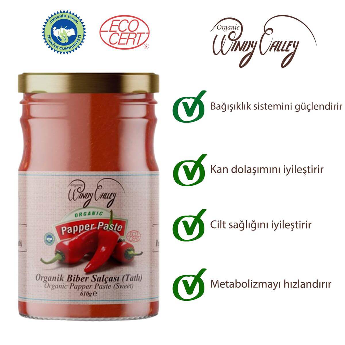 Organik Biber Salçası (Tatlı) (610 gr)   İlave tuz içermez