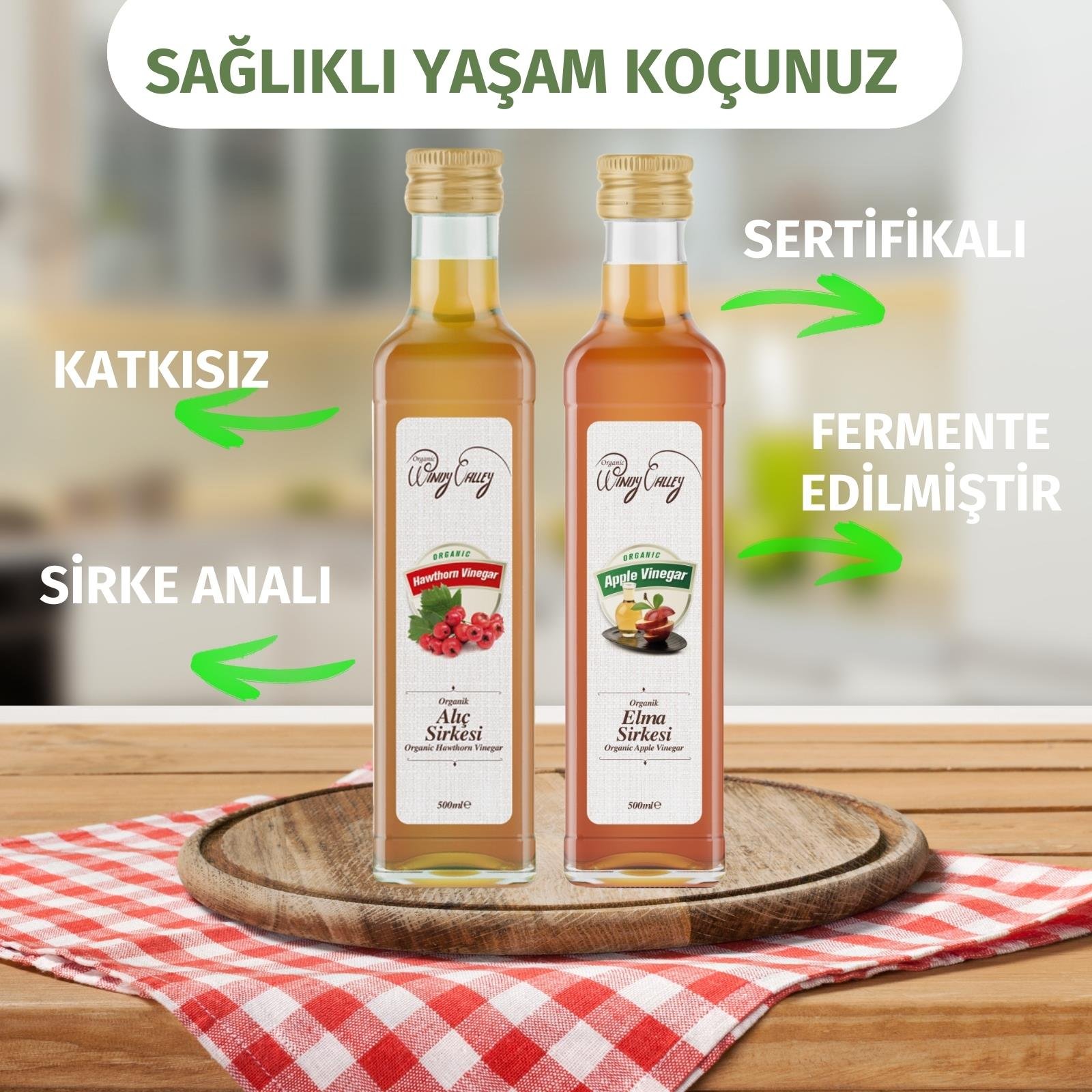 Organik Elma- Alıç Sirkesi 2'li Avantaj Paketi Ecocert Sertifikalı (500ml+500ml)Katkısız Doğal Fermente 