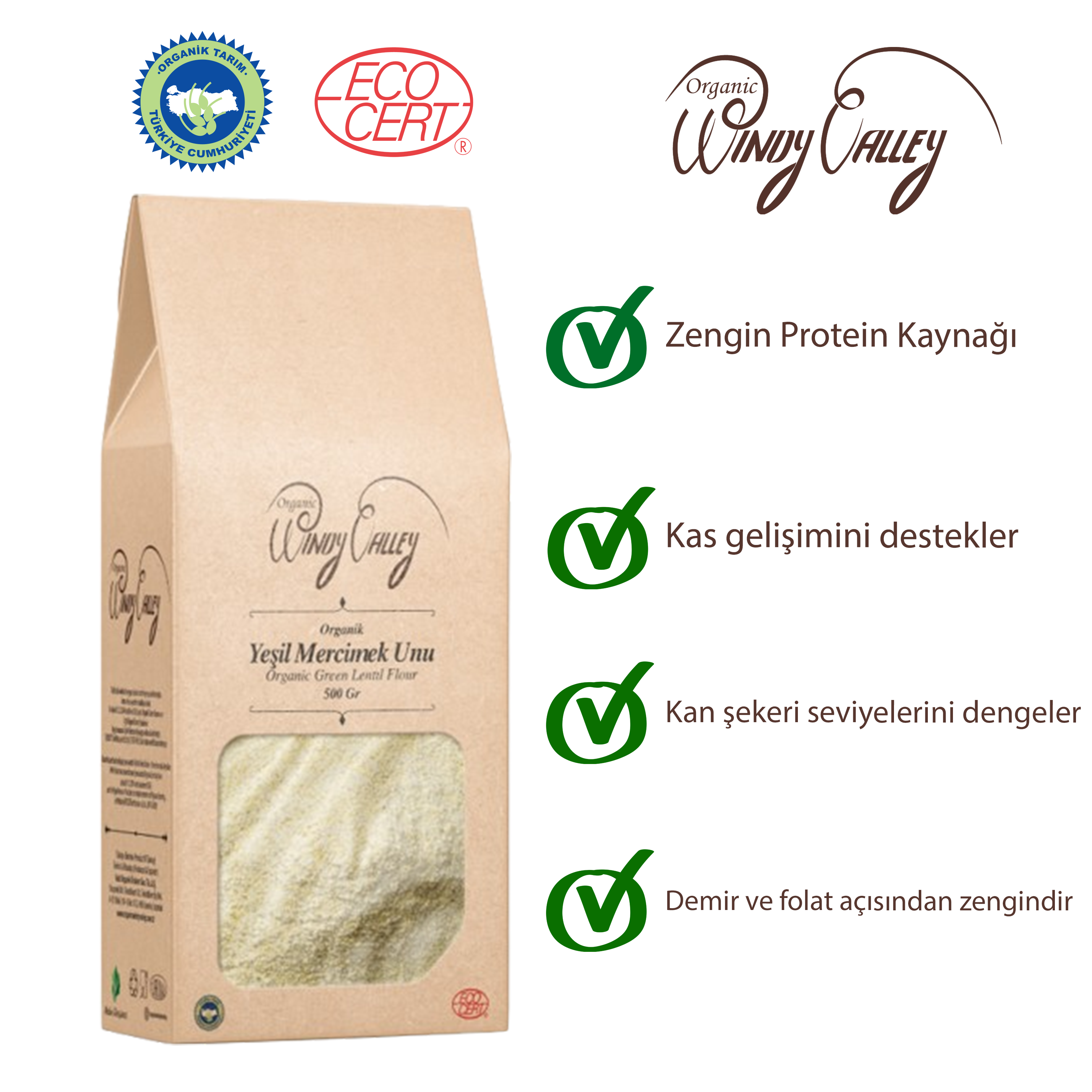 Organik Glutensiz  Yeşil Mercimek Unu (500 gr)   Yerli ürün 