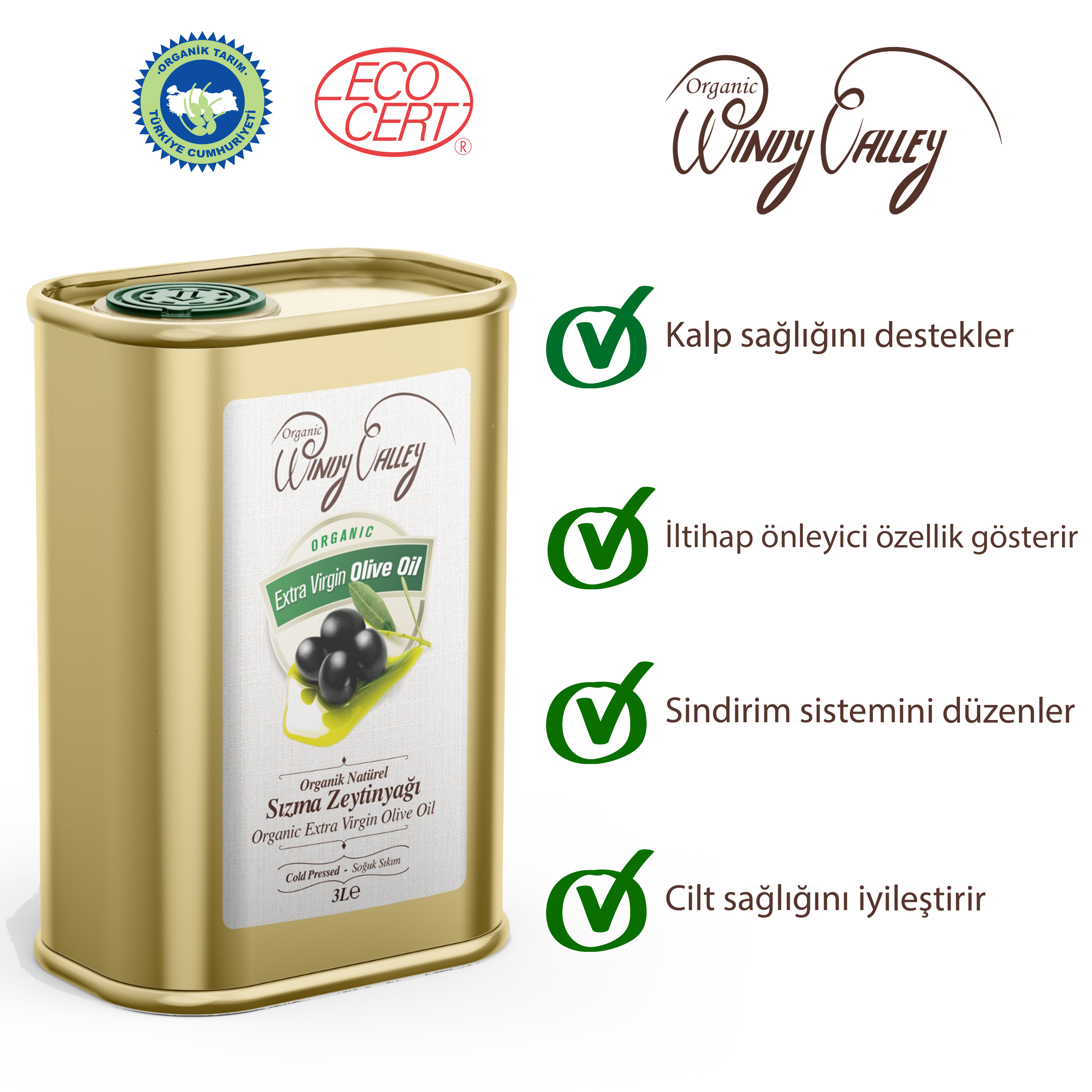 Organik Sızma Zeytinyağı Soğuk sıkım (3 Litre)   Yüksek Polifenol 