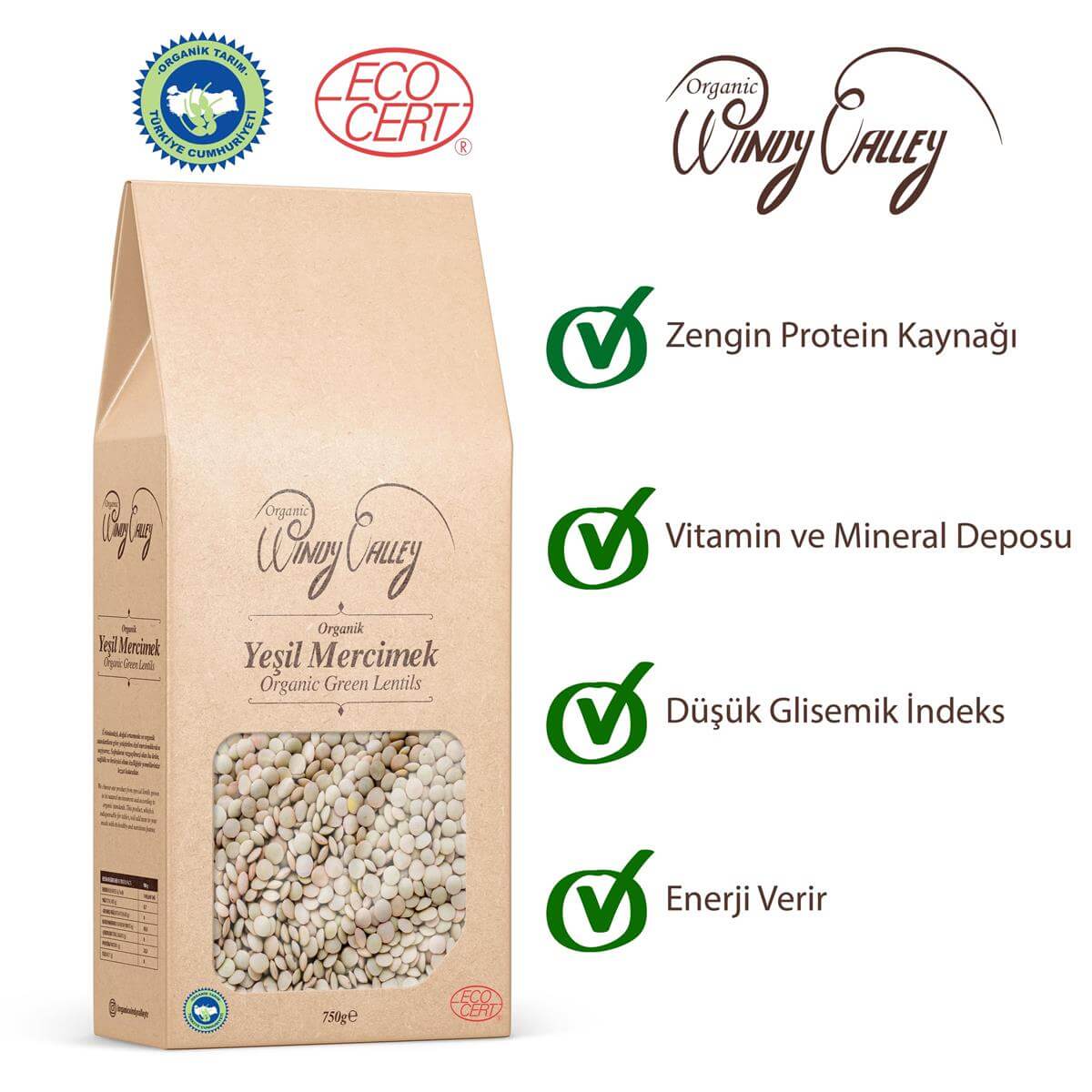 Organik Yeşil Mercimek  (750 gr) Yerli ürün