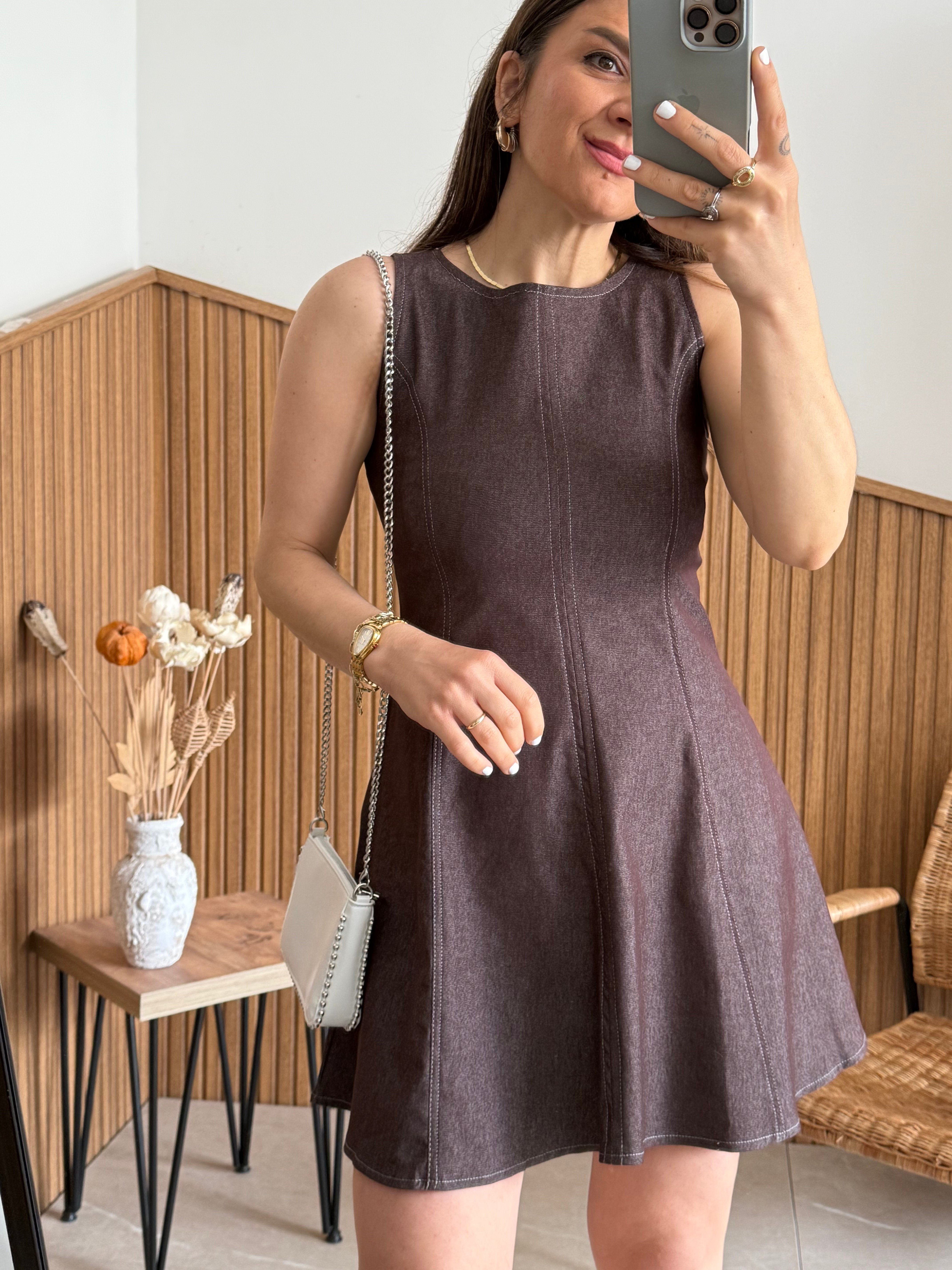 Acı Kahve Denim Mini Elbise 