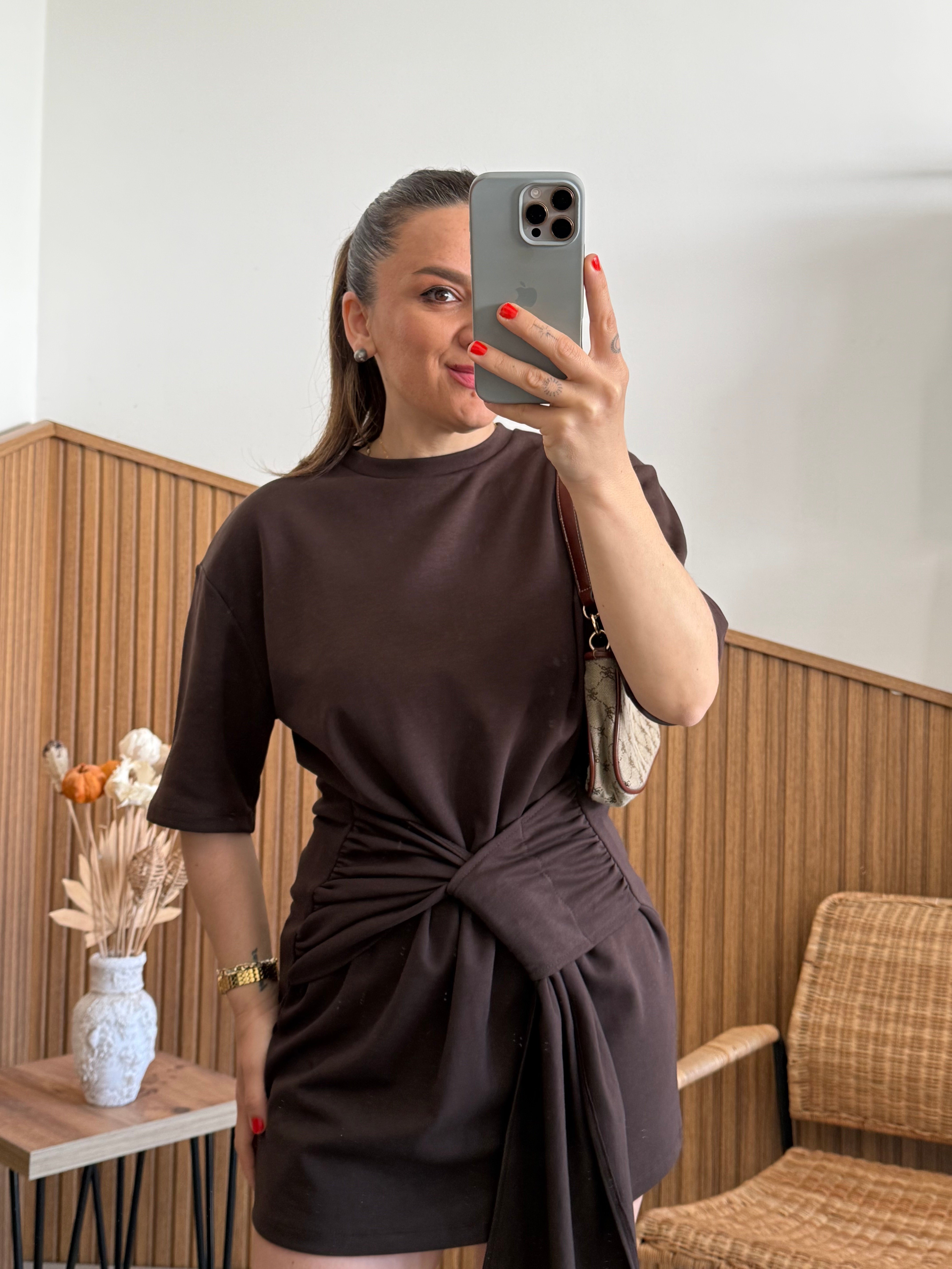 Acı Kahve Kuşaklı Basic Elbise 