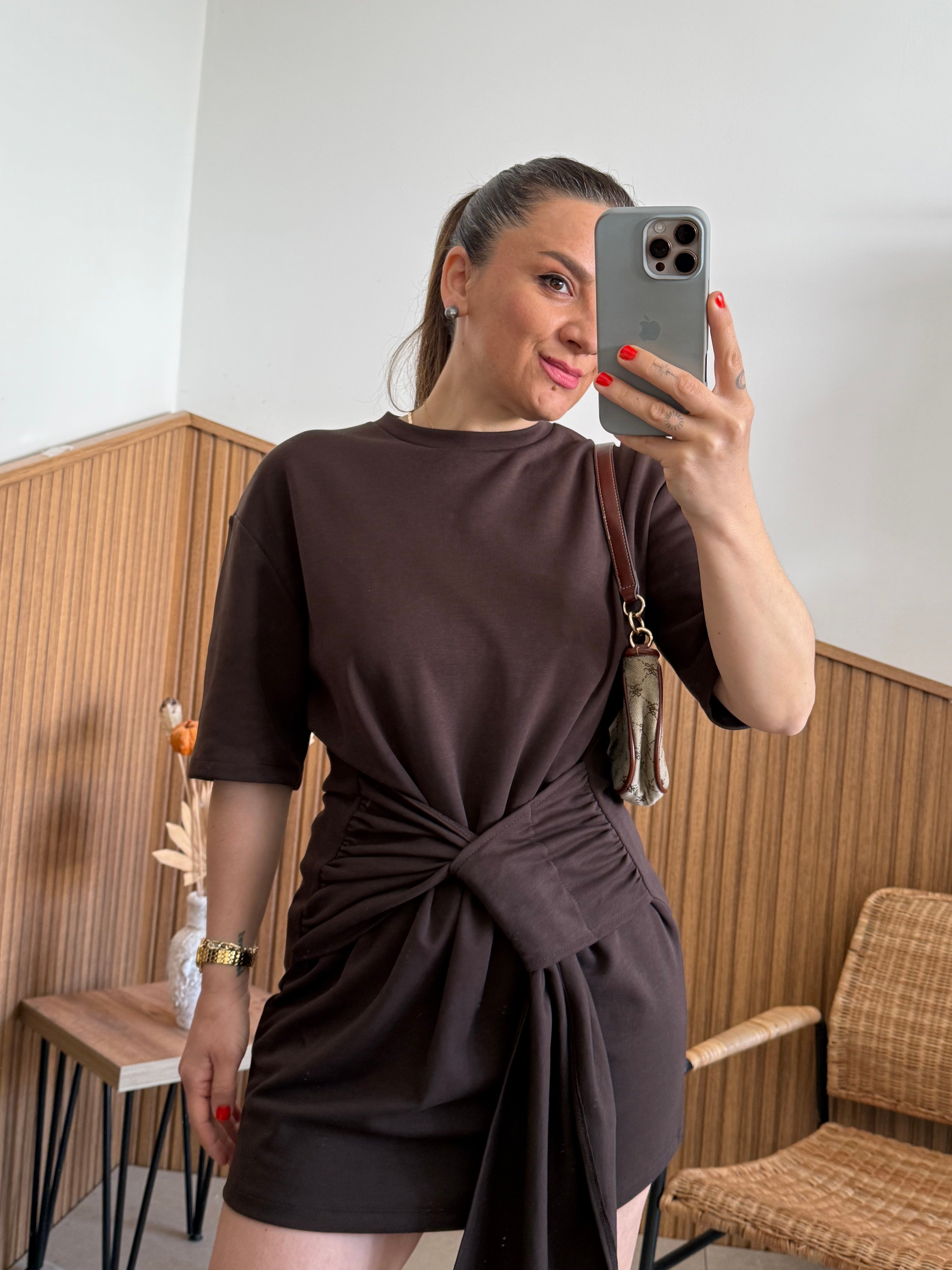 Acı Kahve Kuşaklı Basic Elbise 