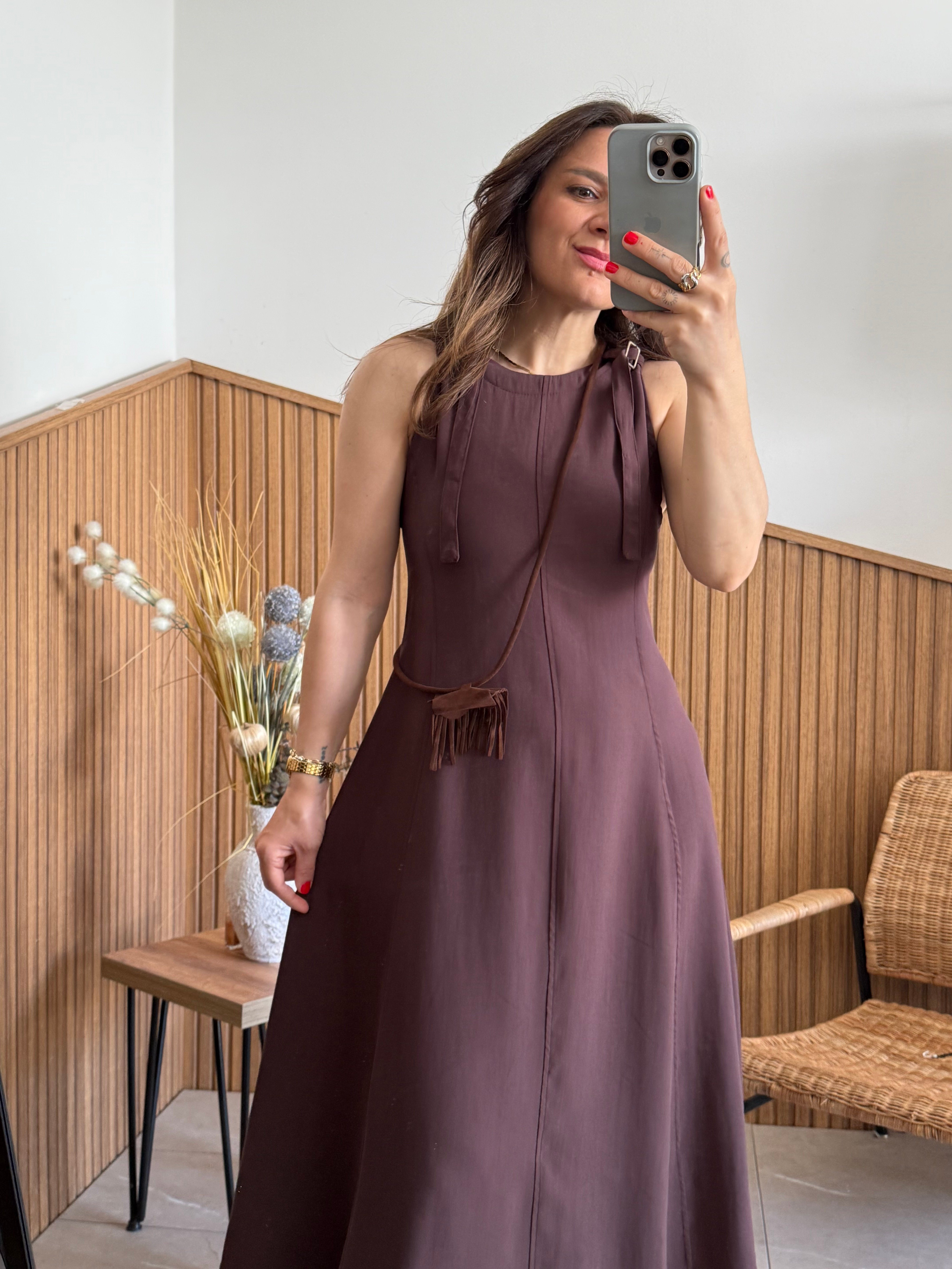Acı Kahve Mini Aksesuarlı Tensel Elbise 