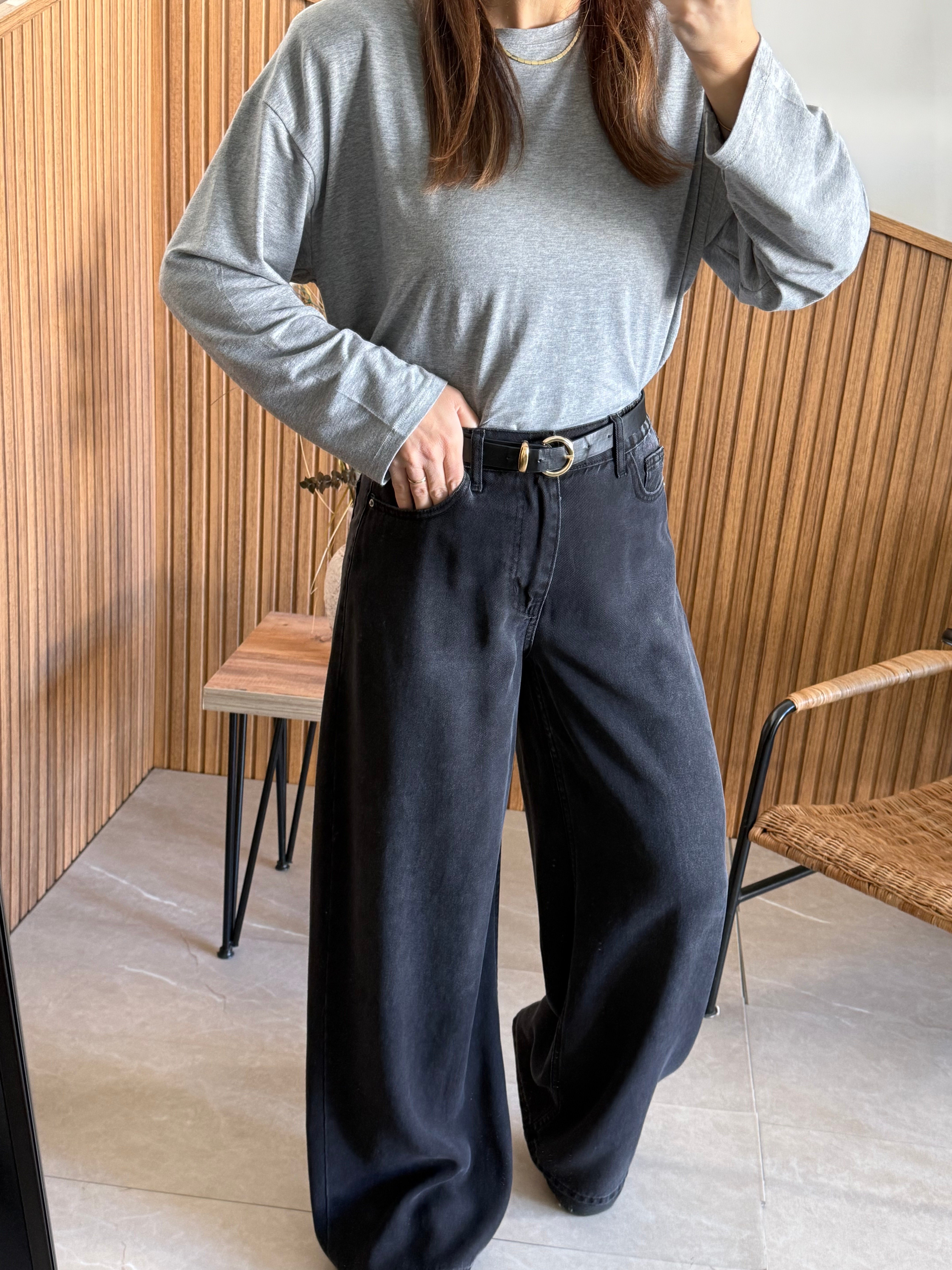 Antrasit Arka Bel Lastikli Maxi Boy Jean Pantolon