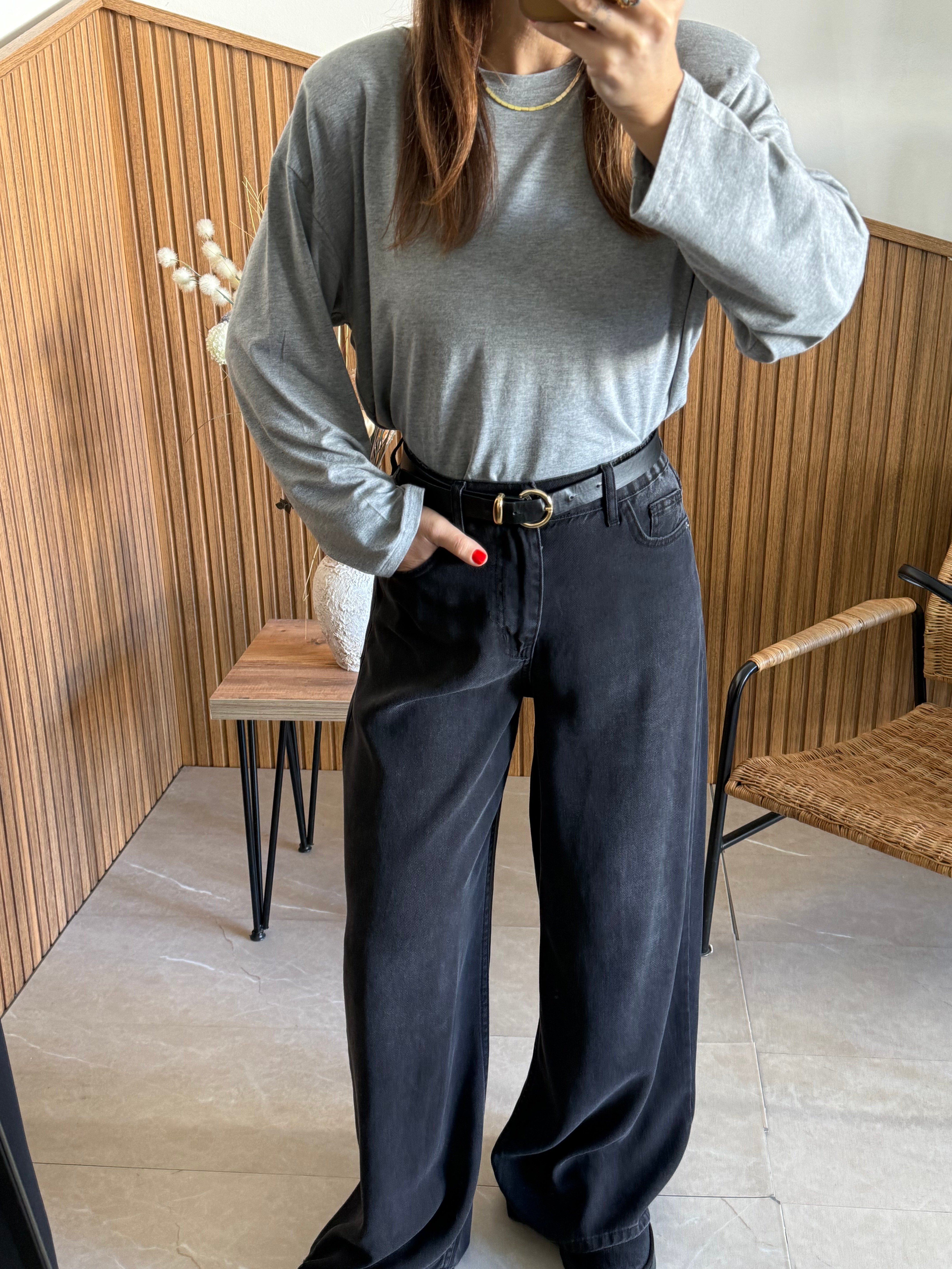 Antrasit Arka Bel Lastikli Maxi Boy Jean Pantolon