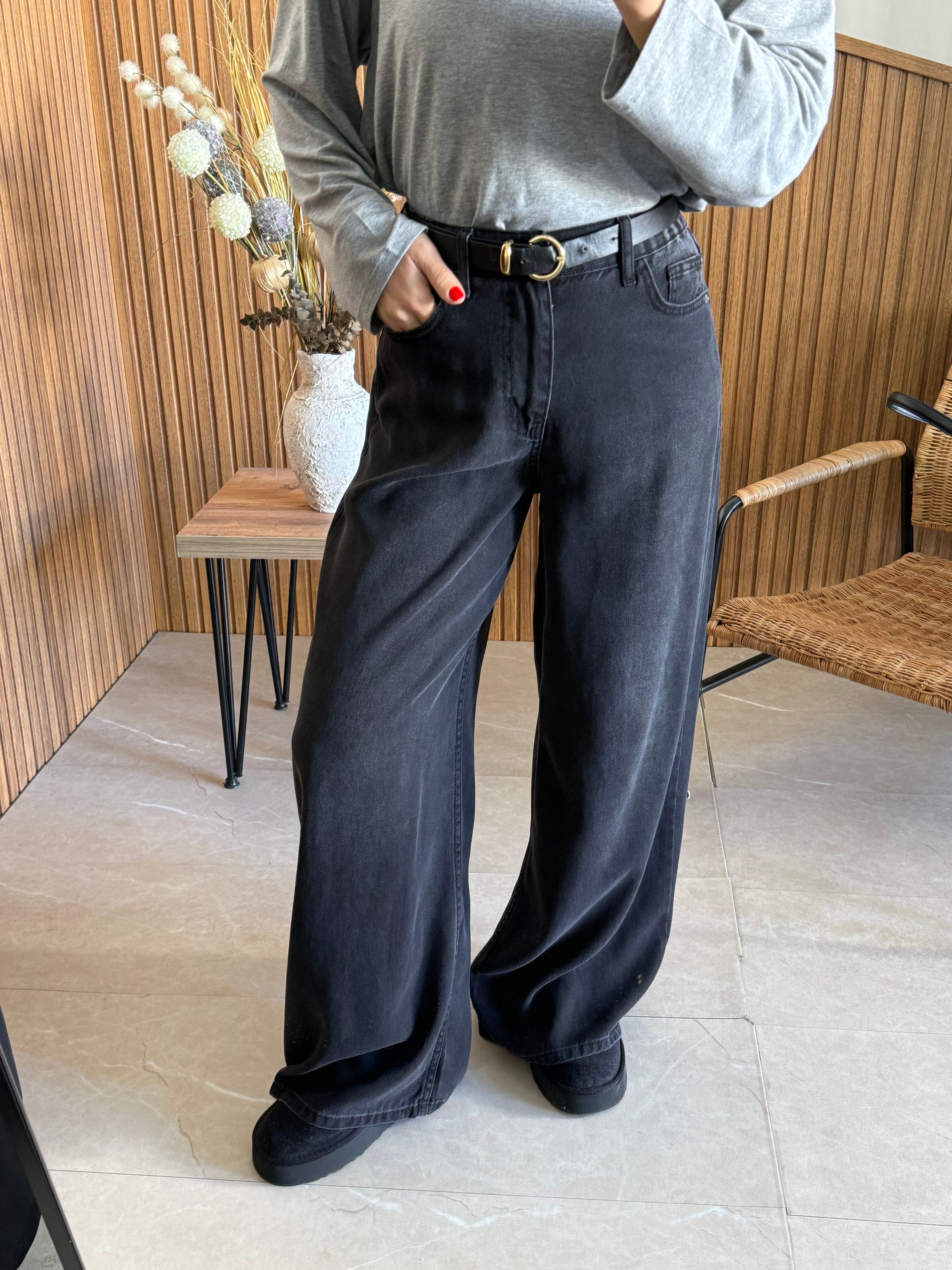 Antrasit Arka Bel Lastikli Maxi Boy Jean Pantolon