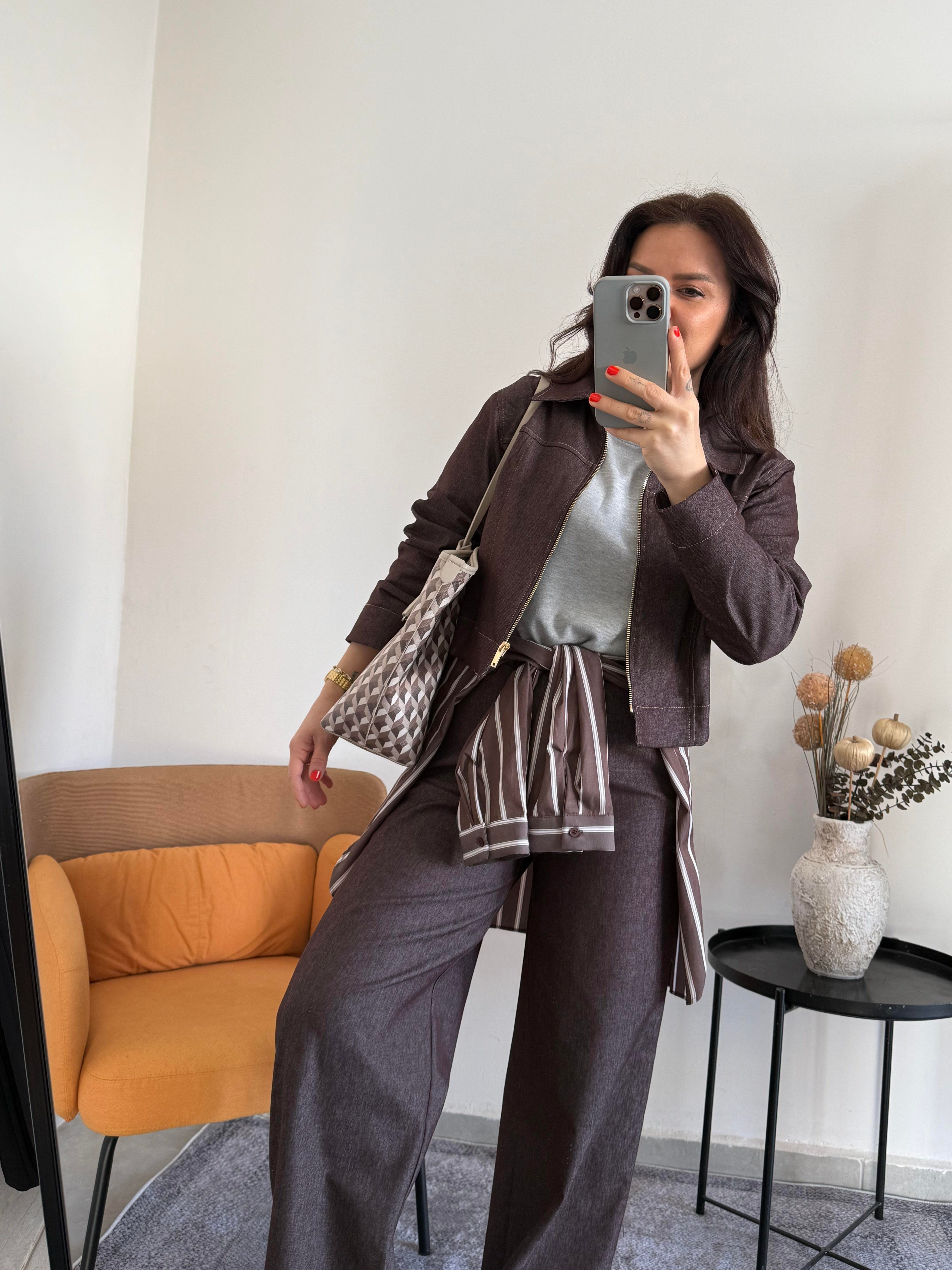 Beli Bağlamalı Tensel Denim Acı Kahve Pantolon 