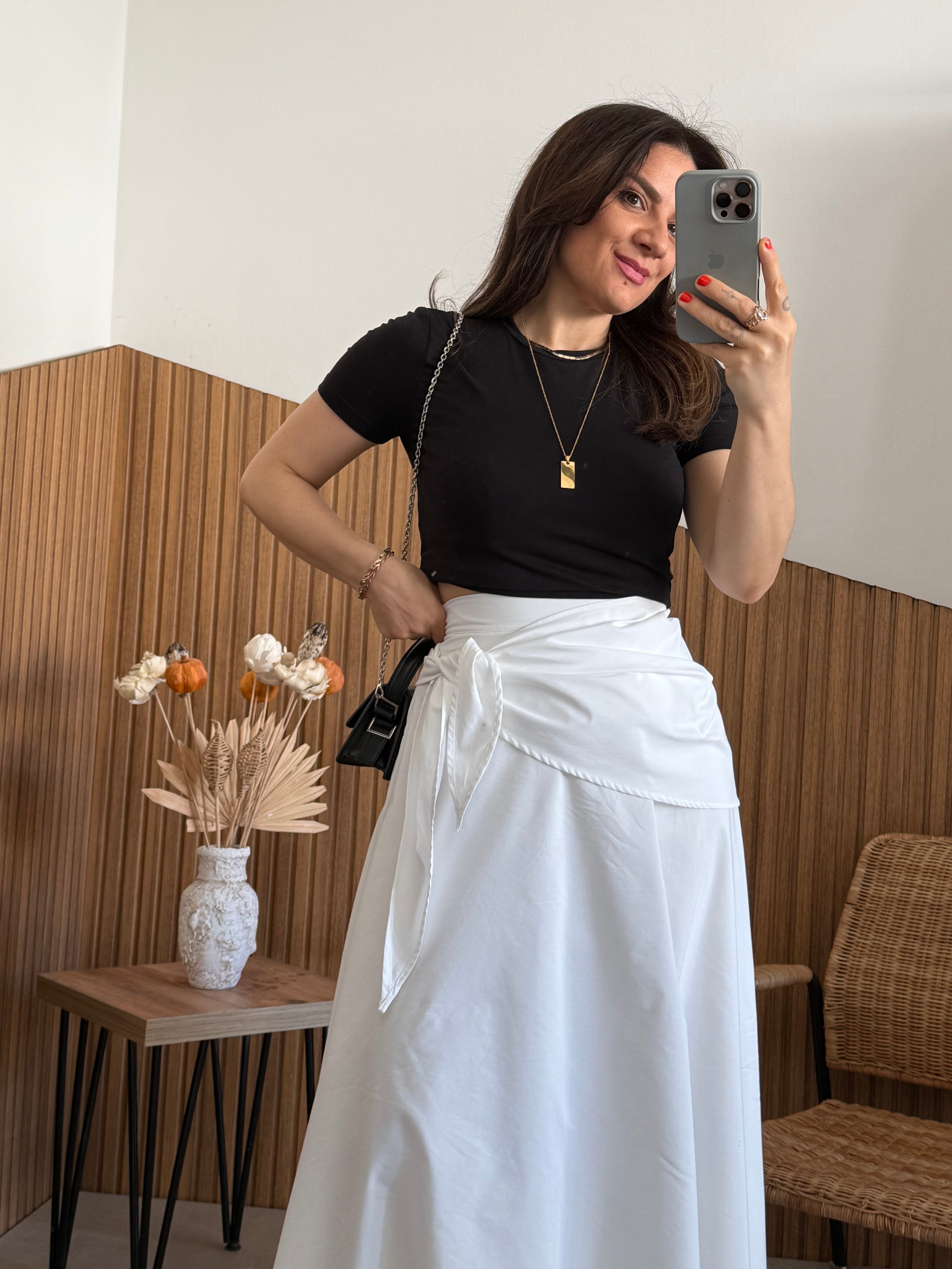 Beli Şal Detaylı Poplin Beyaz Etek 