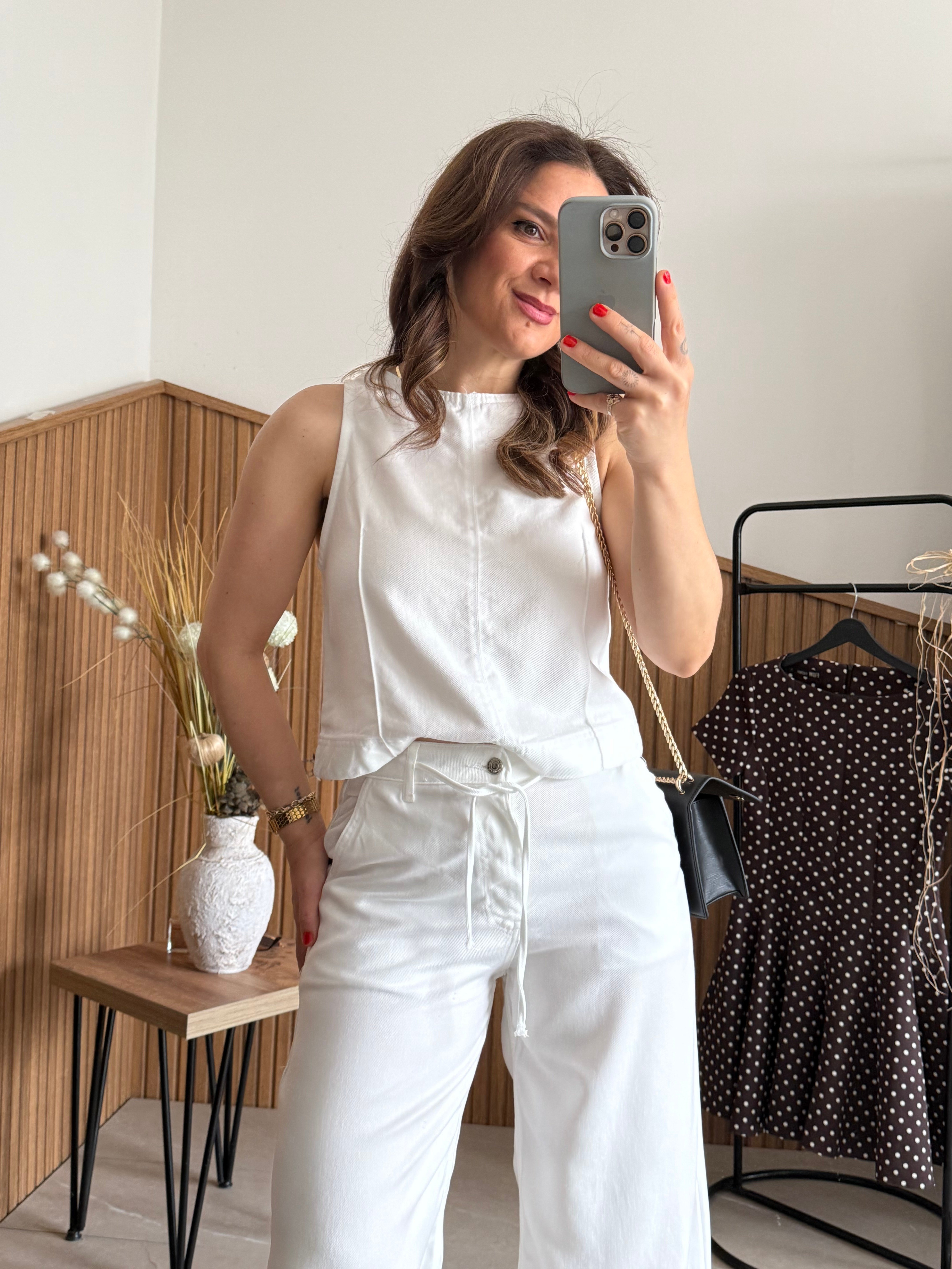 Beyaz Tensel Denim Takım